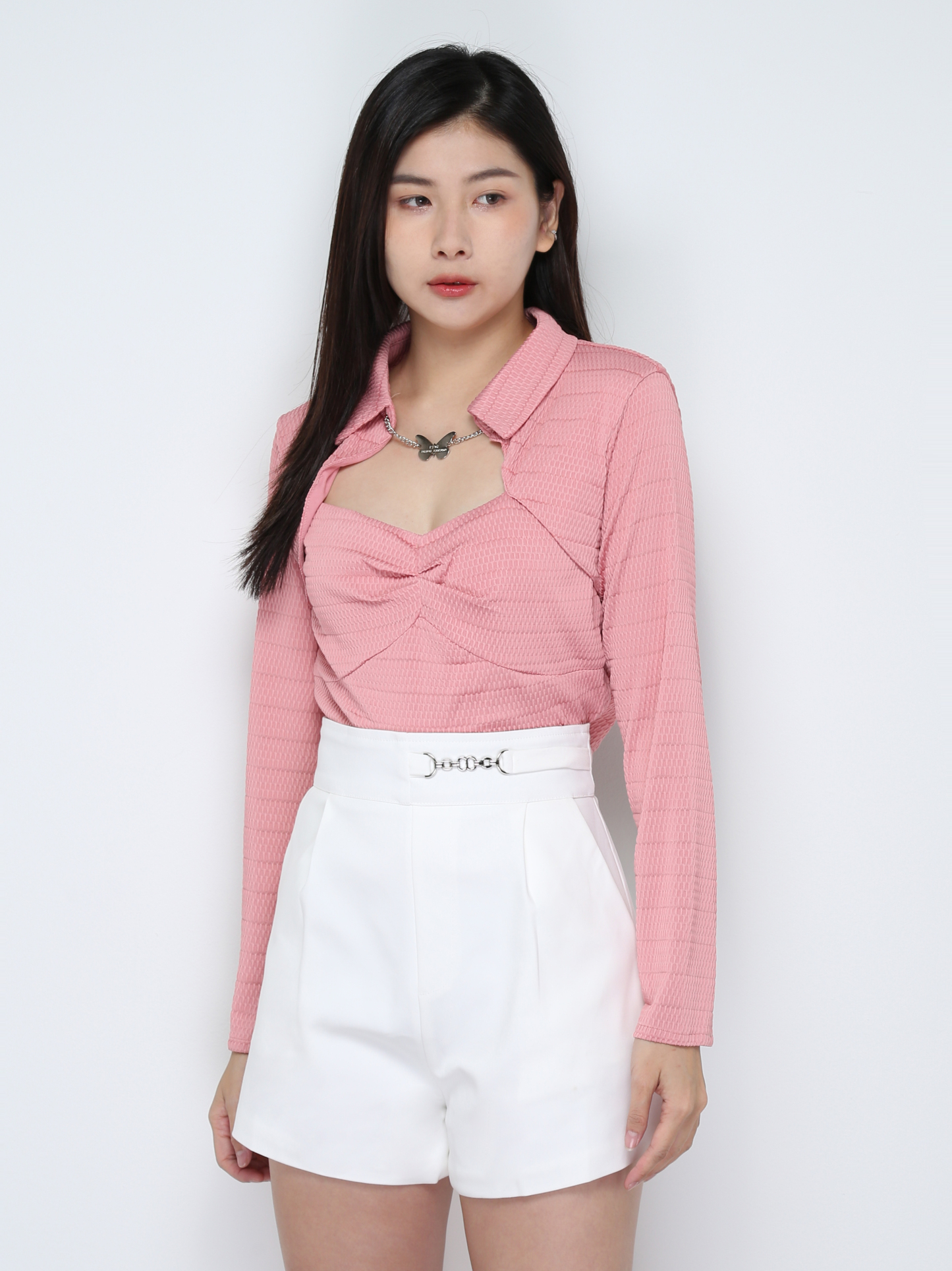 Collar Long Sleeve Decorative Necklace Top 28097