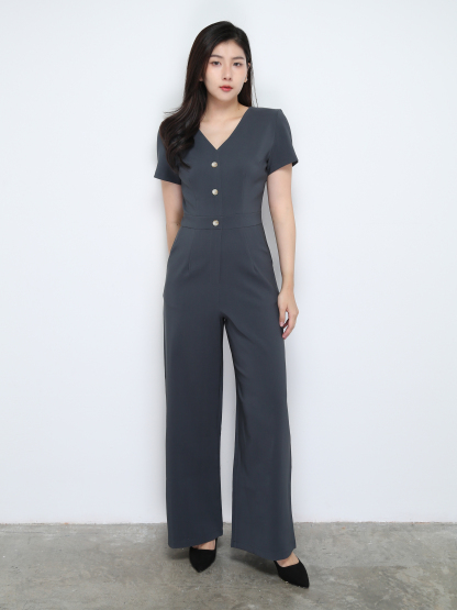 Short Sleeve Back Zip V Neck Jumpsuit 28146