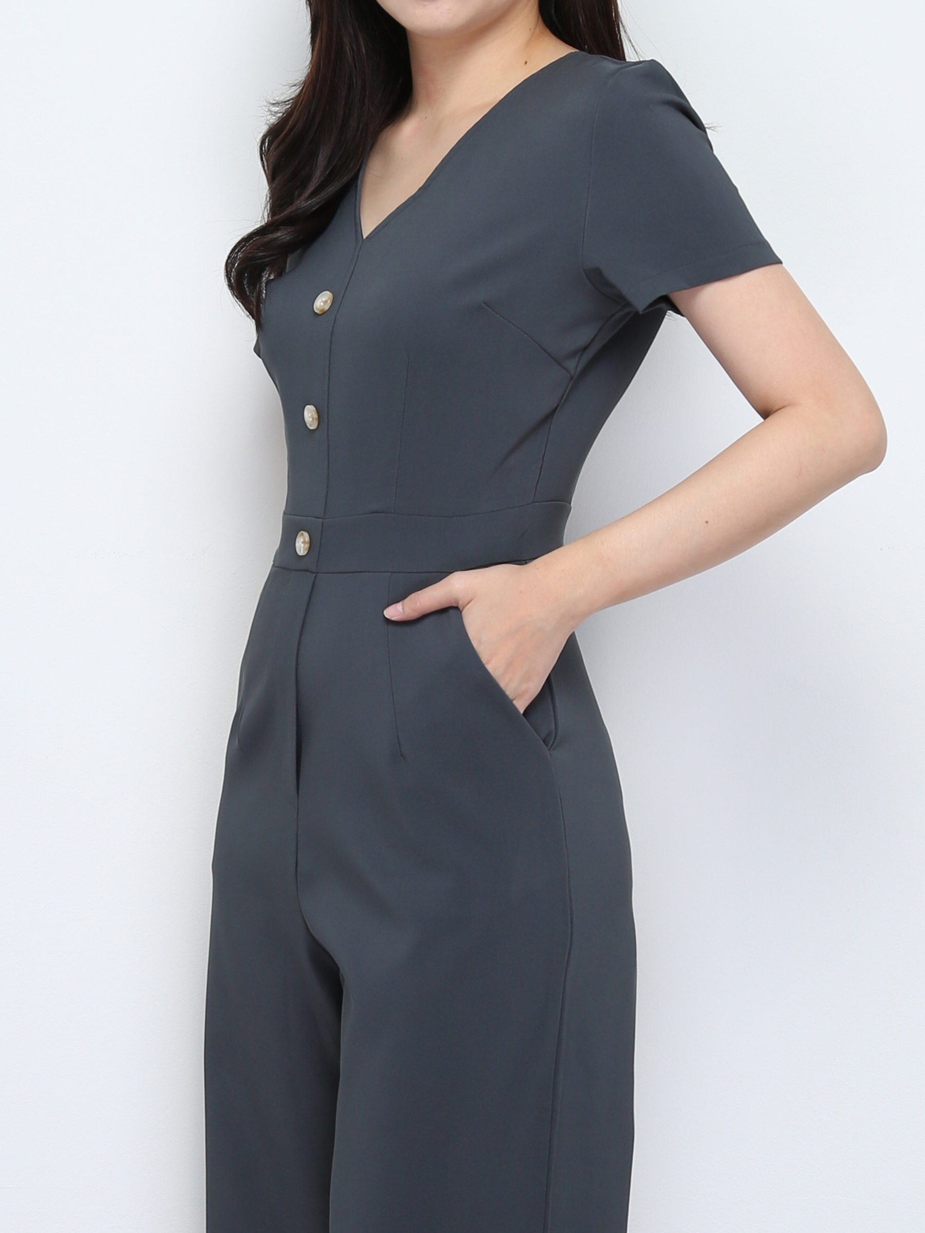 Short Sleeve Back Zip V Neck Jumpsuit 28146