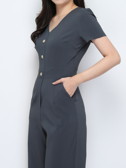 Short Sleeve Back Zip V Neck Jumpsuit 28146