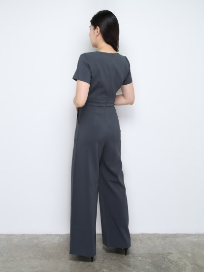 Short Sleeve Back Zip V Neck Jumpsuit 28146