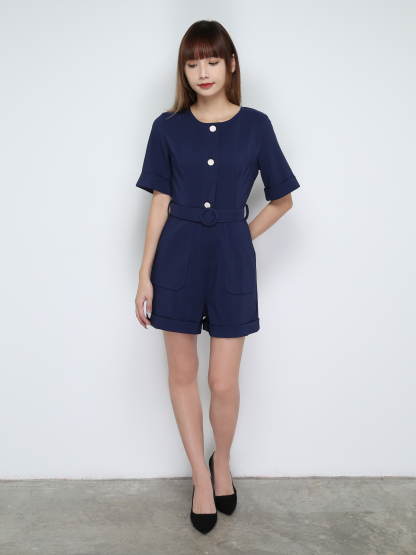 Short Sleeve Back Zip Jumpsuit With Belt 28153