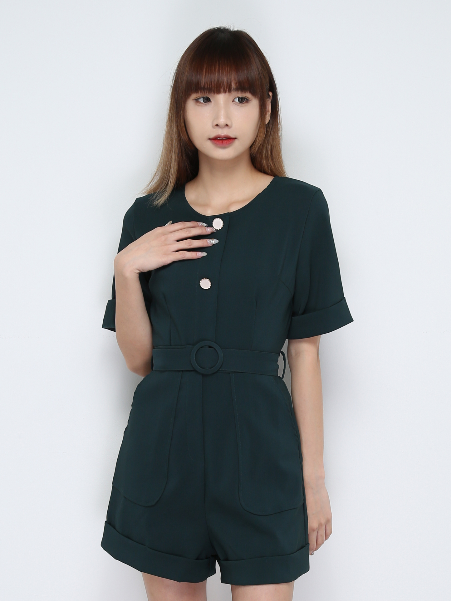 Short Sleeve Back Zip Jumpsuit With Belt 28153