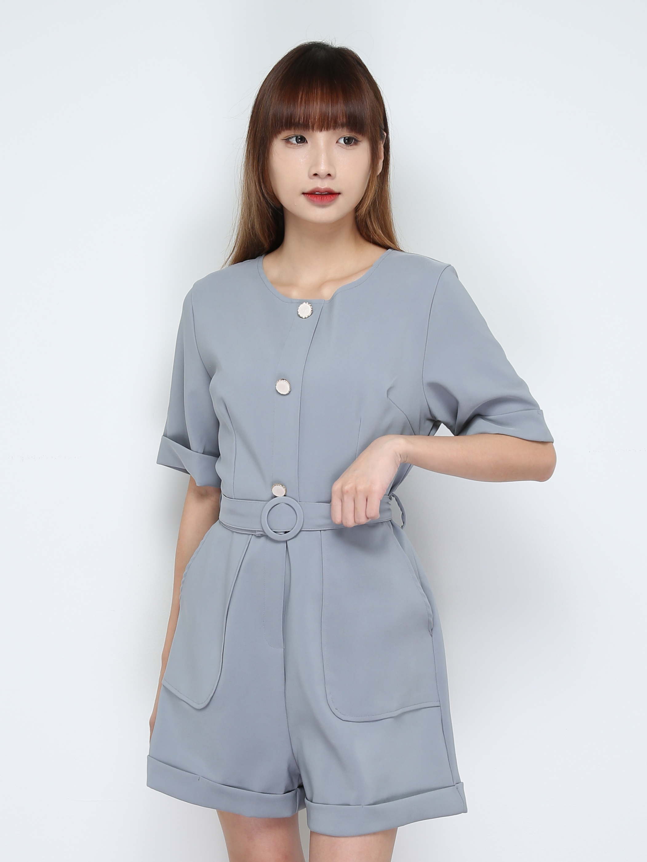 Short Sleeve Back Zip Jumpsuit With Belt 28153