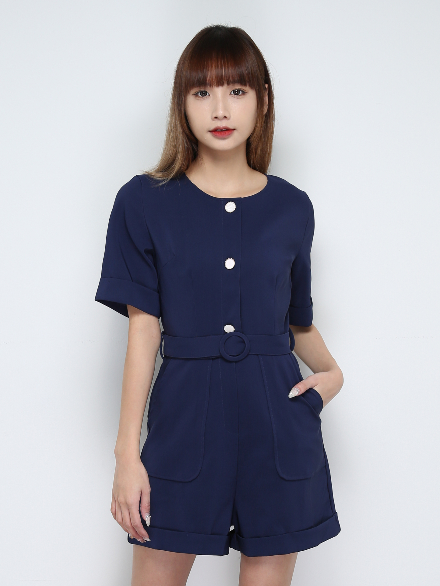 Short Sleeve Back Zip Jumpsuit With Belt 28153
