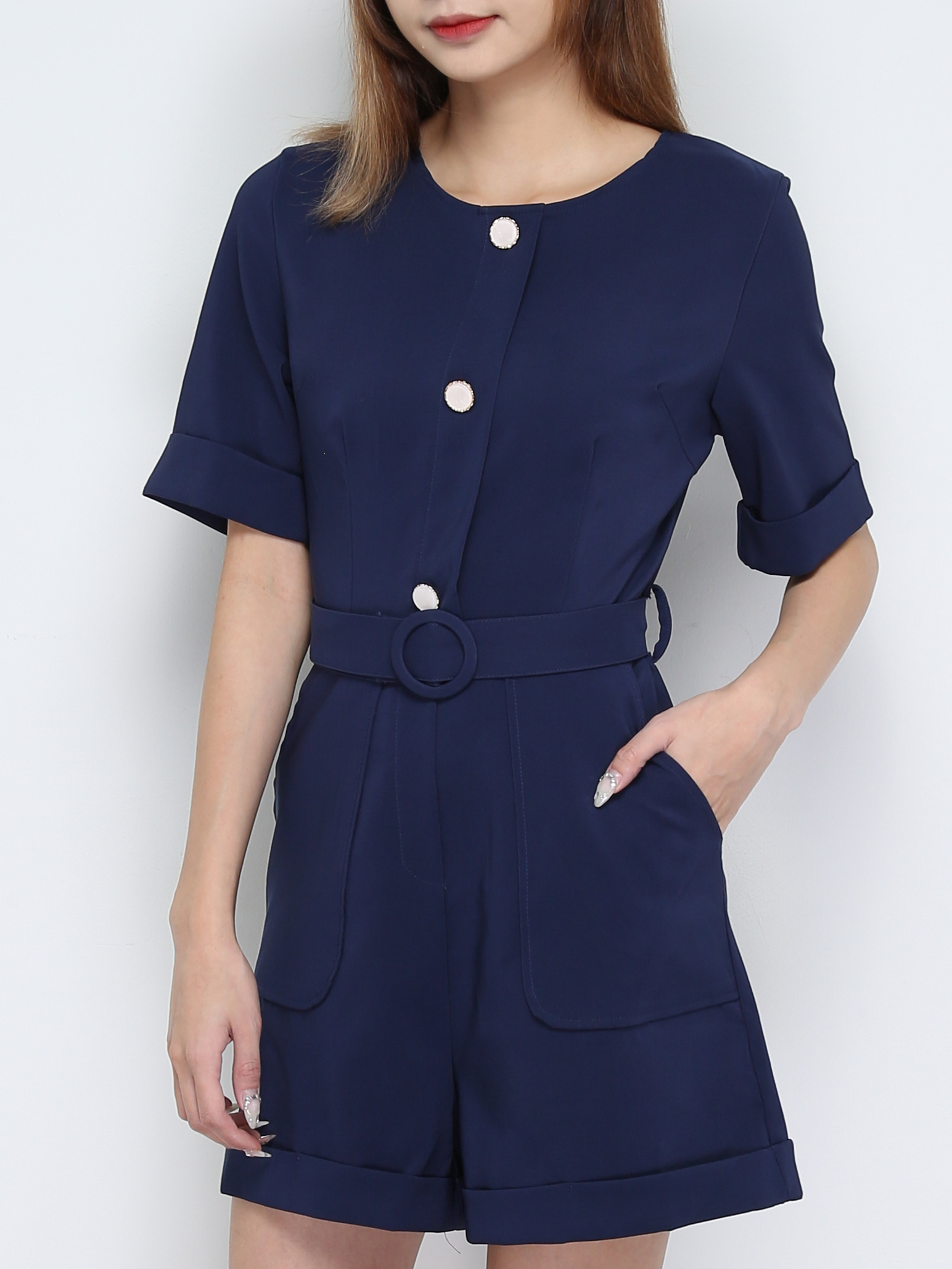 Short Sleeve Back Zip Jumpsuit With Belt 28153