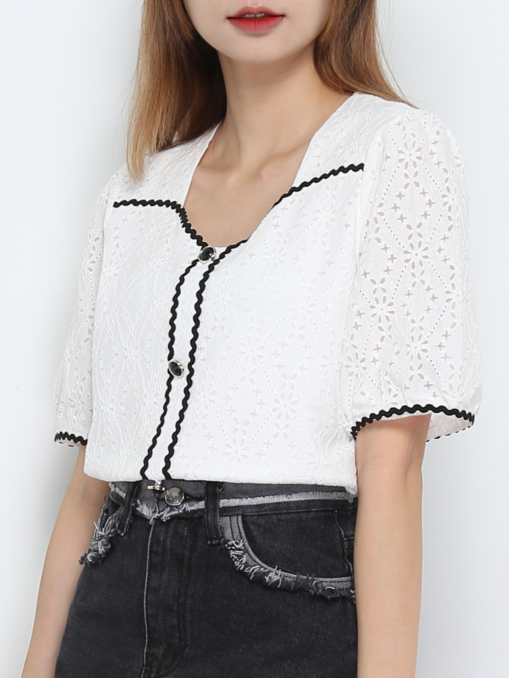 Eyelet Front Decorative Button Top 28235