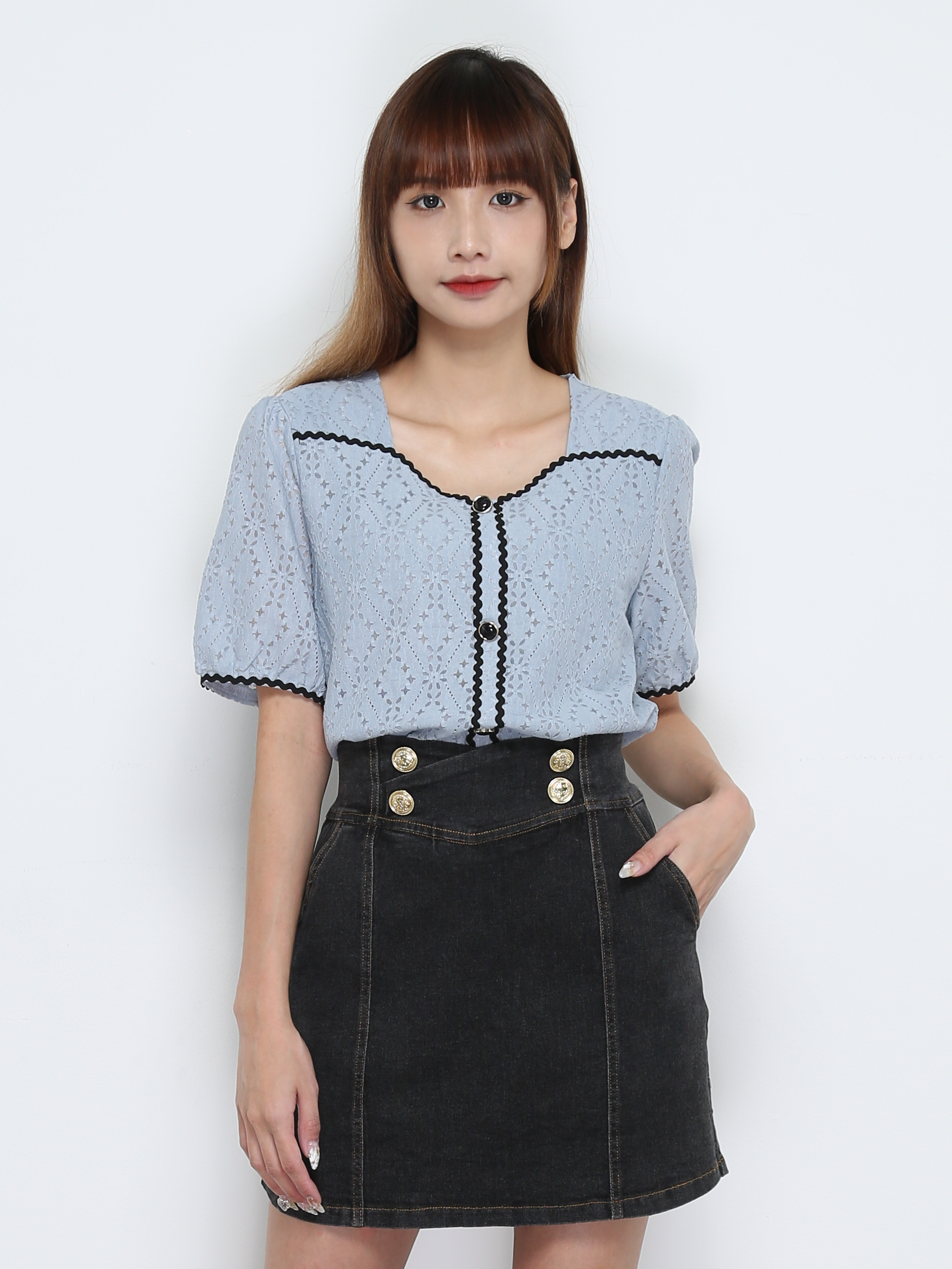 Eyelet Front Decorative Button Top 28235