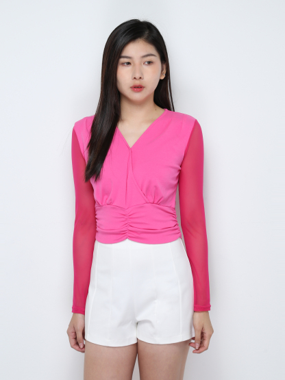 V Neck Long Sleeve Pleated Top 28247
