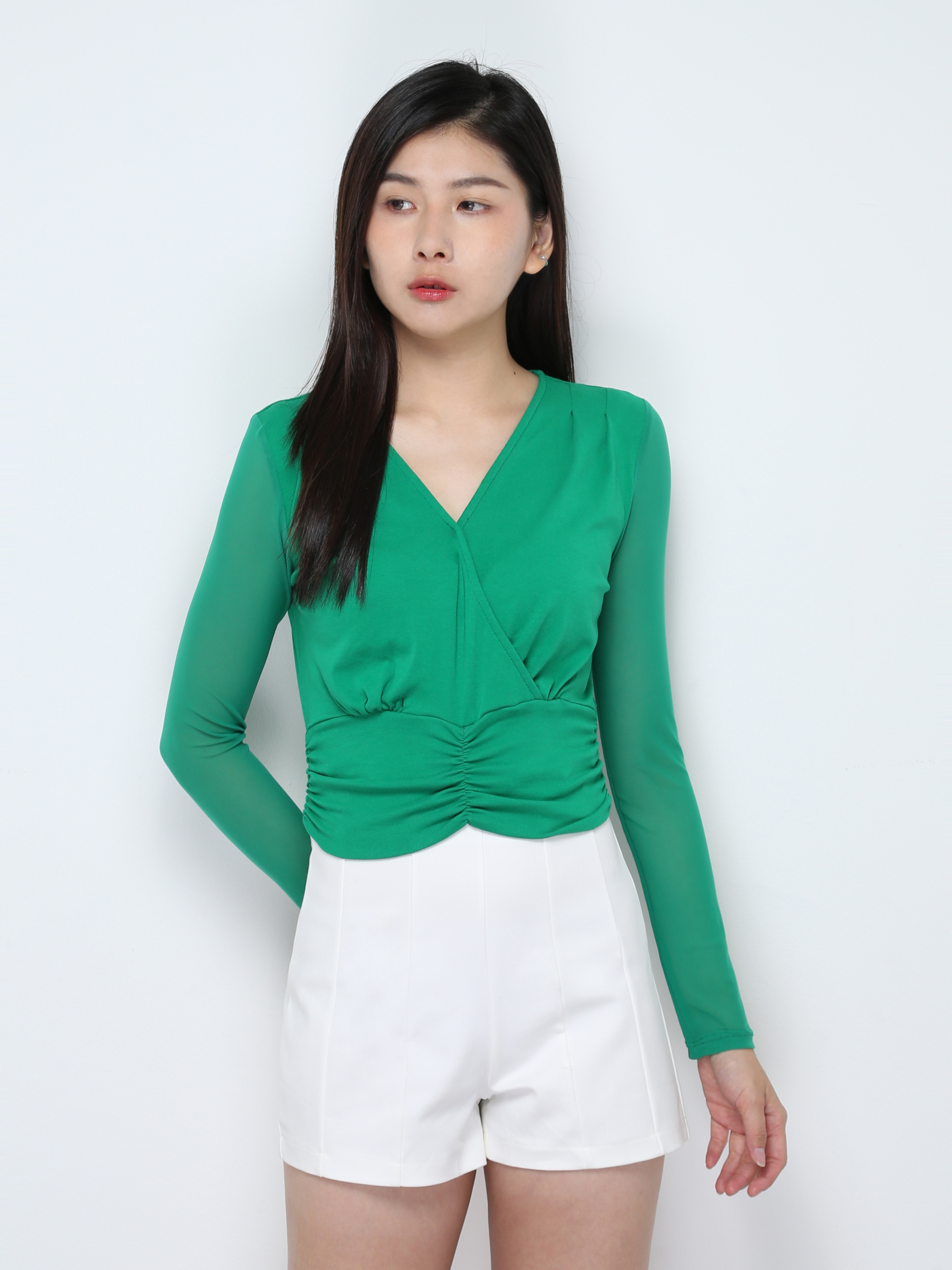 V Neck Long Sleeve Pleated Top 28247