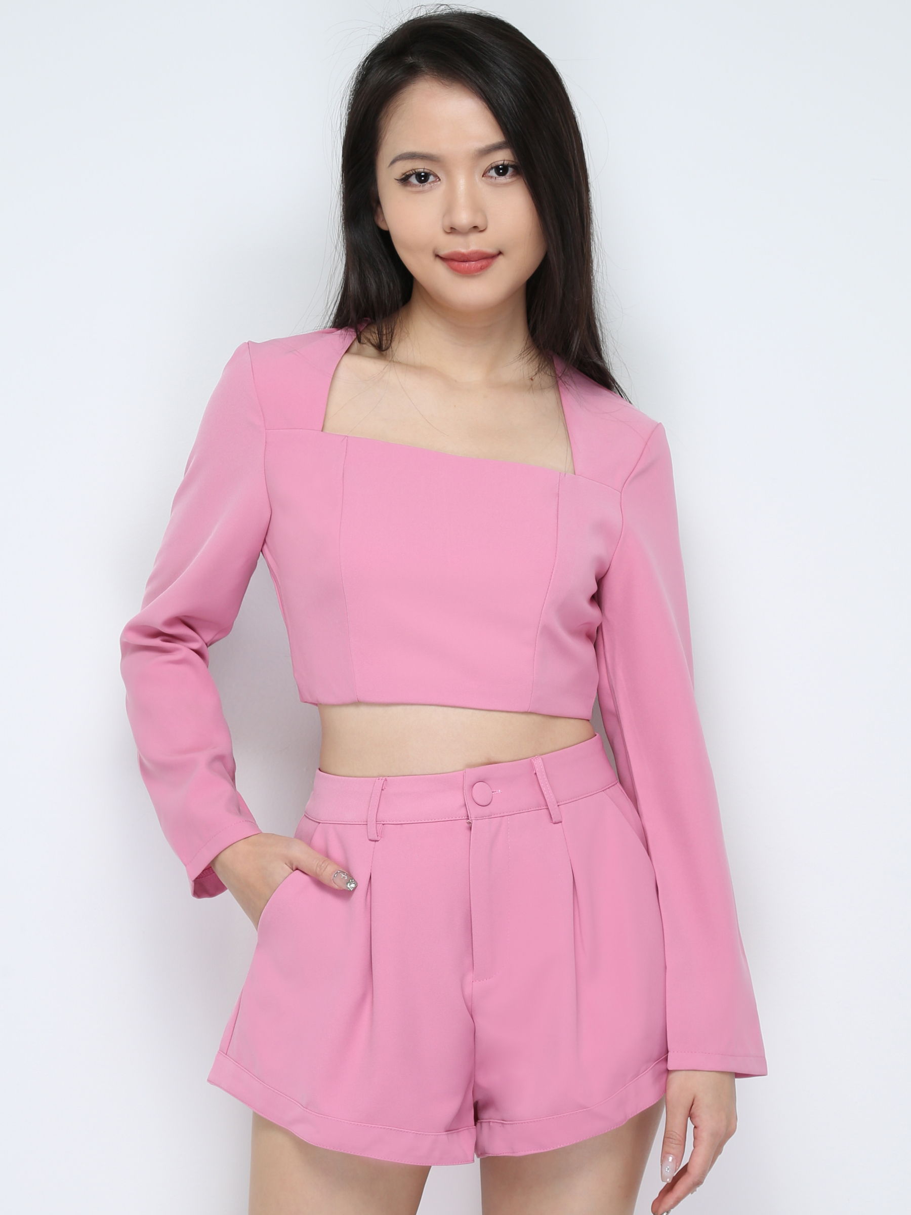 Square Neck Long Sleeve Top With Short Pants Set 28256