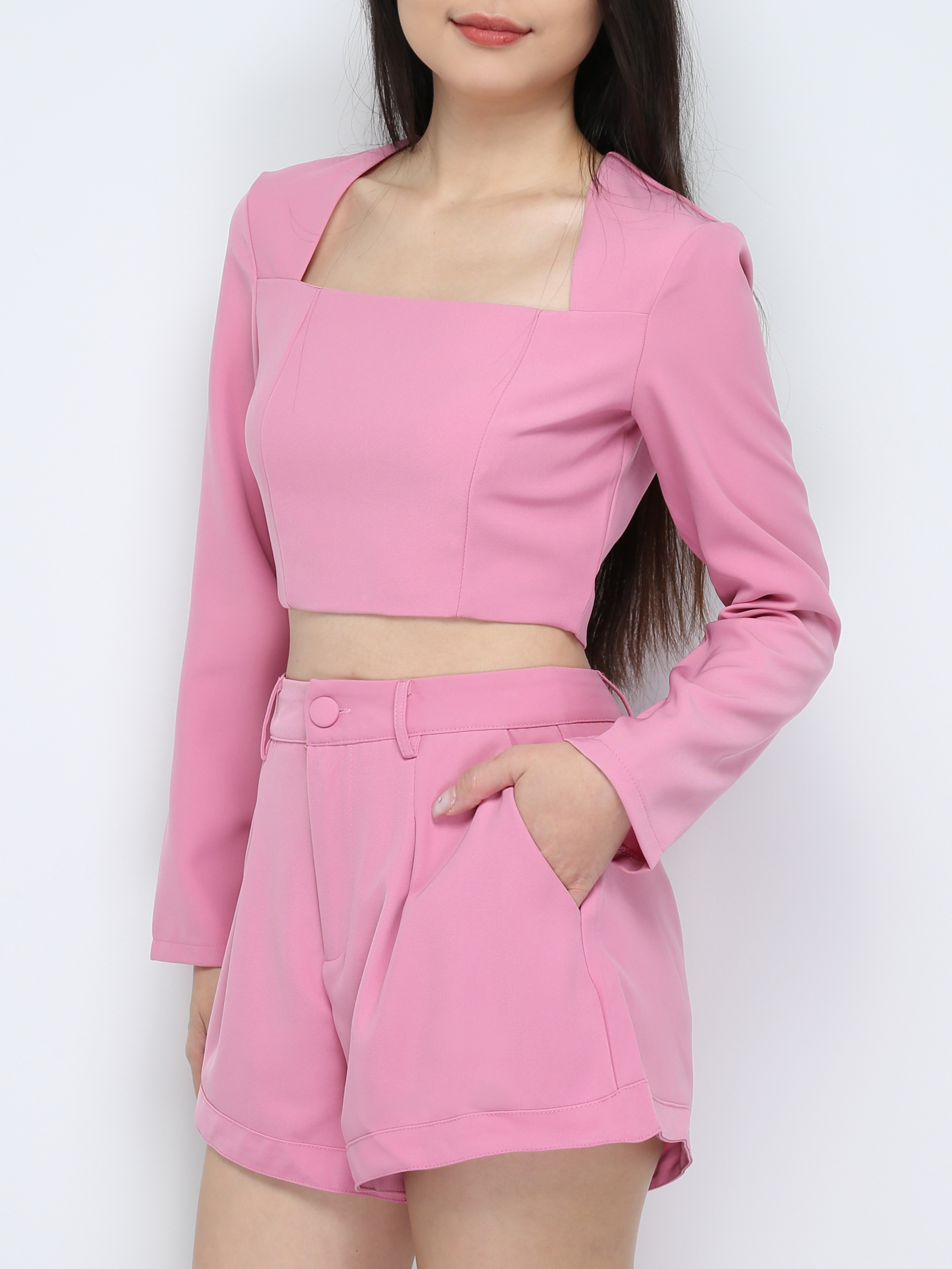 Square Neck Long Sleeve Top With Short Pants Set 28256