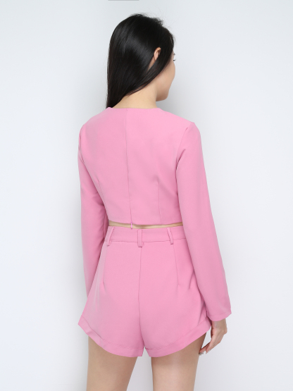 Square Neck Long Sleeve Top With Short Pants Set 28256