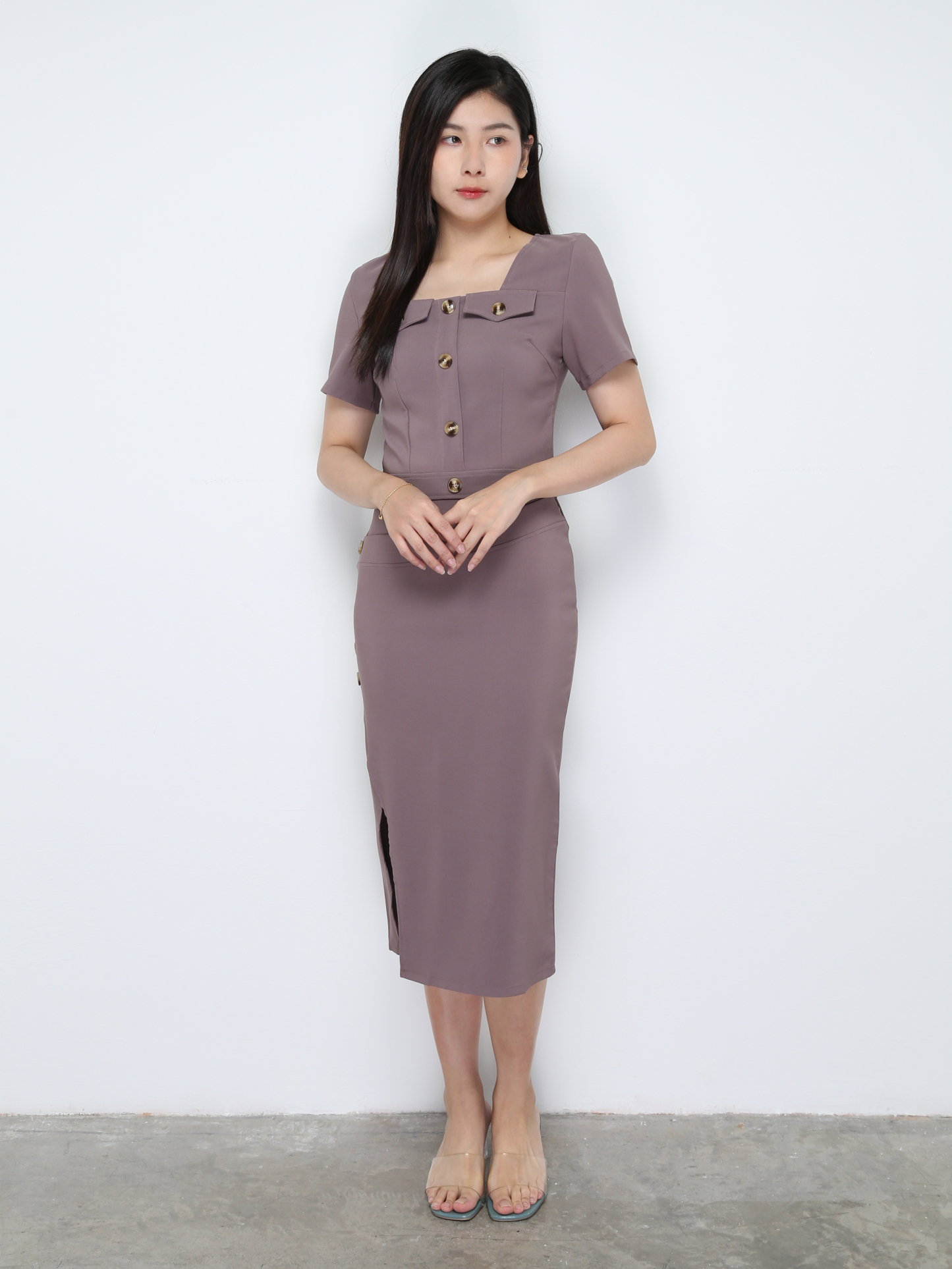 Formal Top With Side Decorative Button With Split Skirt Set 28273