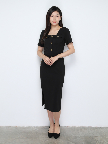 Formal Top With Side Decorative Button With Split Skirt Set 28273