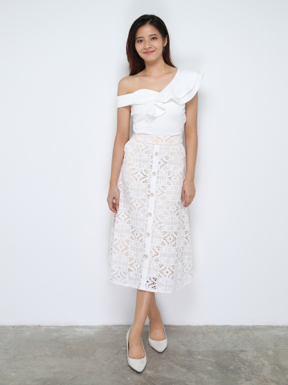 Lace Eyelet Front Decorative Button Skirt 28280