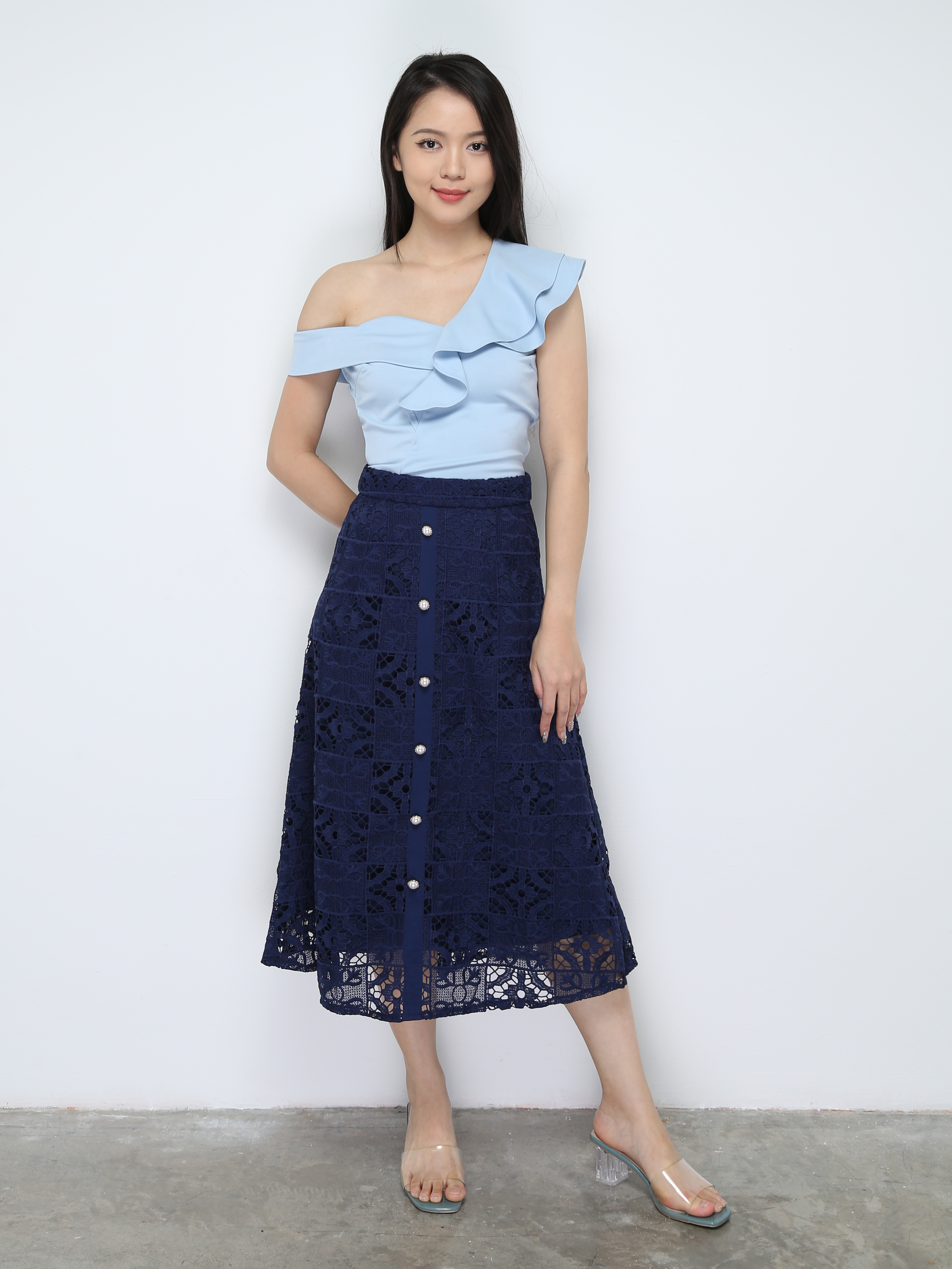 Lace Eyelet Front Decorative Button Skirt 28280
