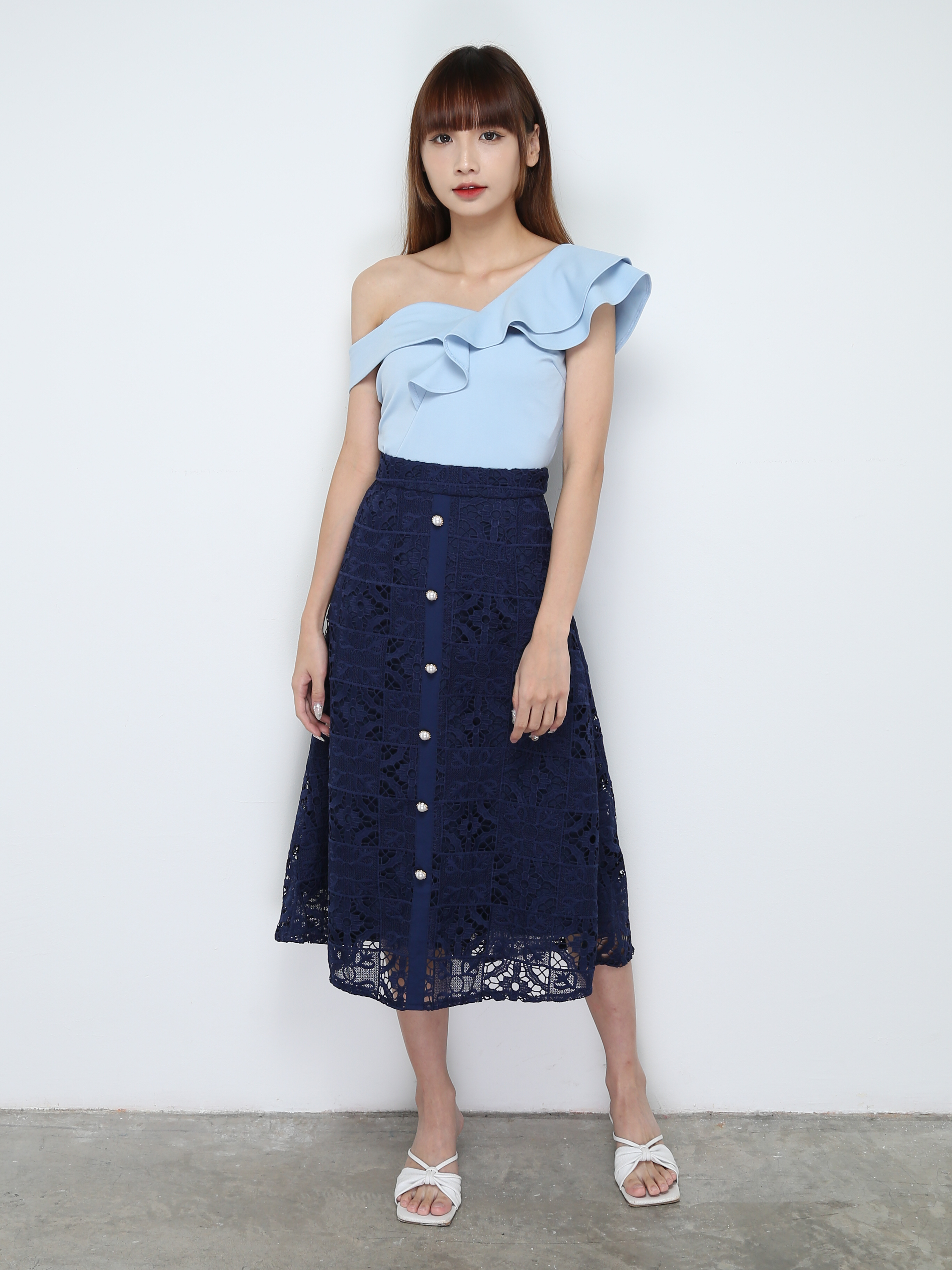 Lace Eyelet Front Decorative Button Skirt 28280