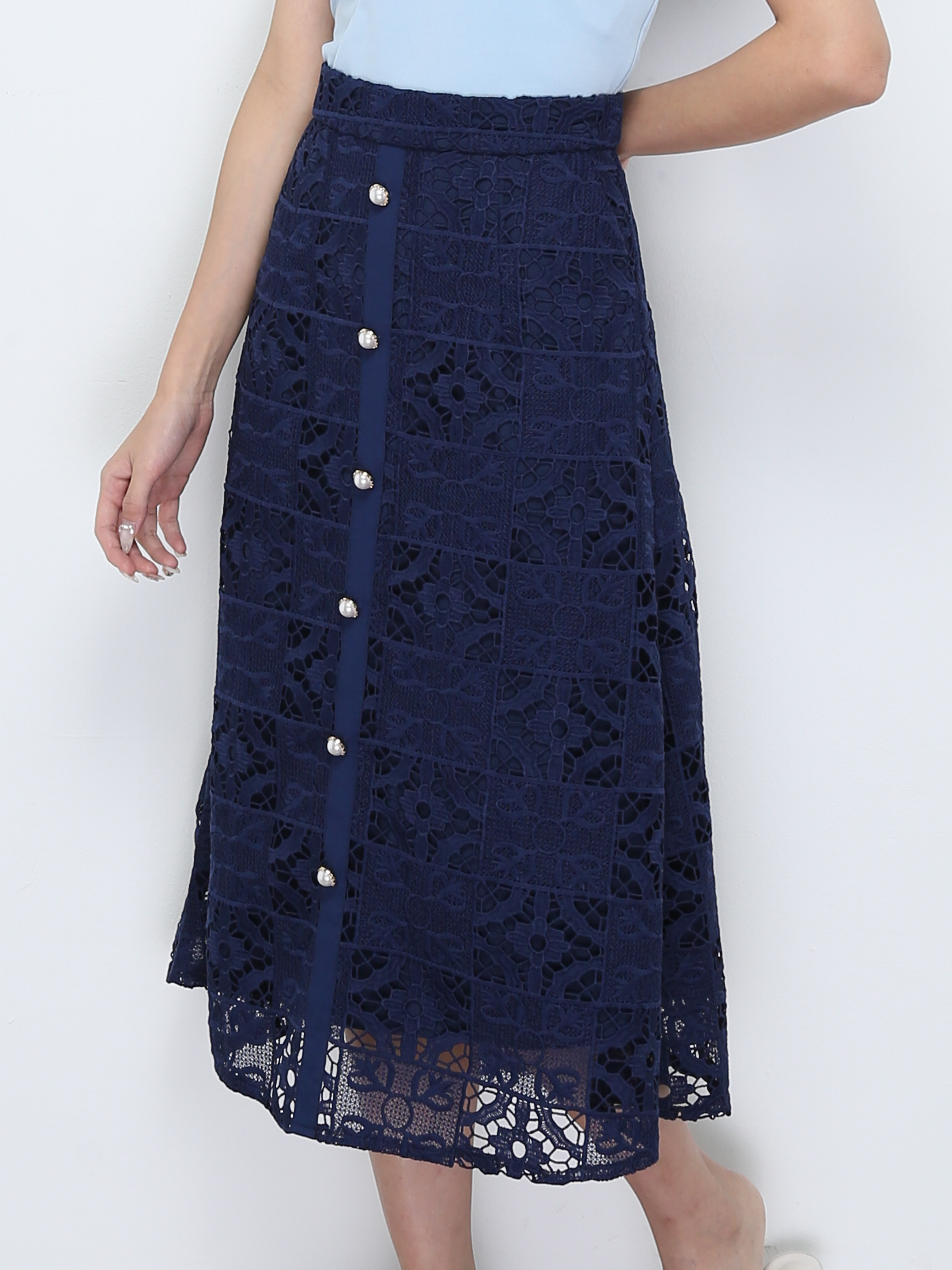 Lace Eyelet Front Decorative Button Skirt 28280