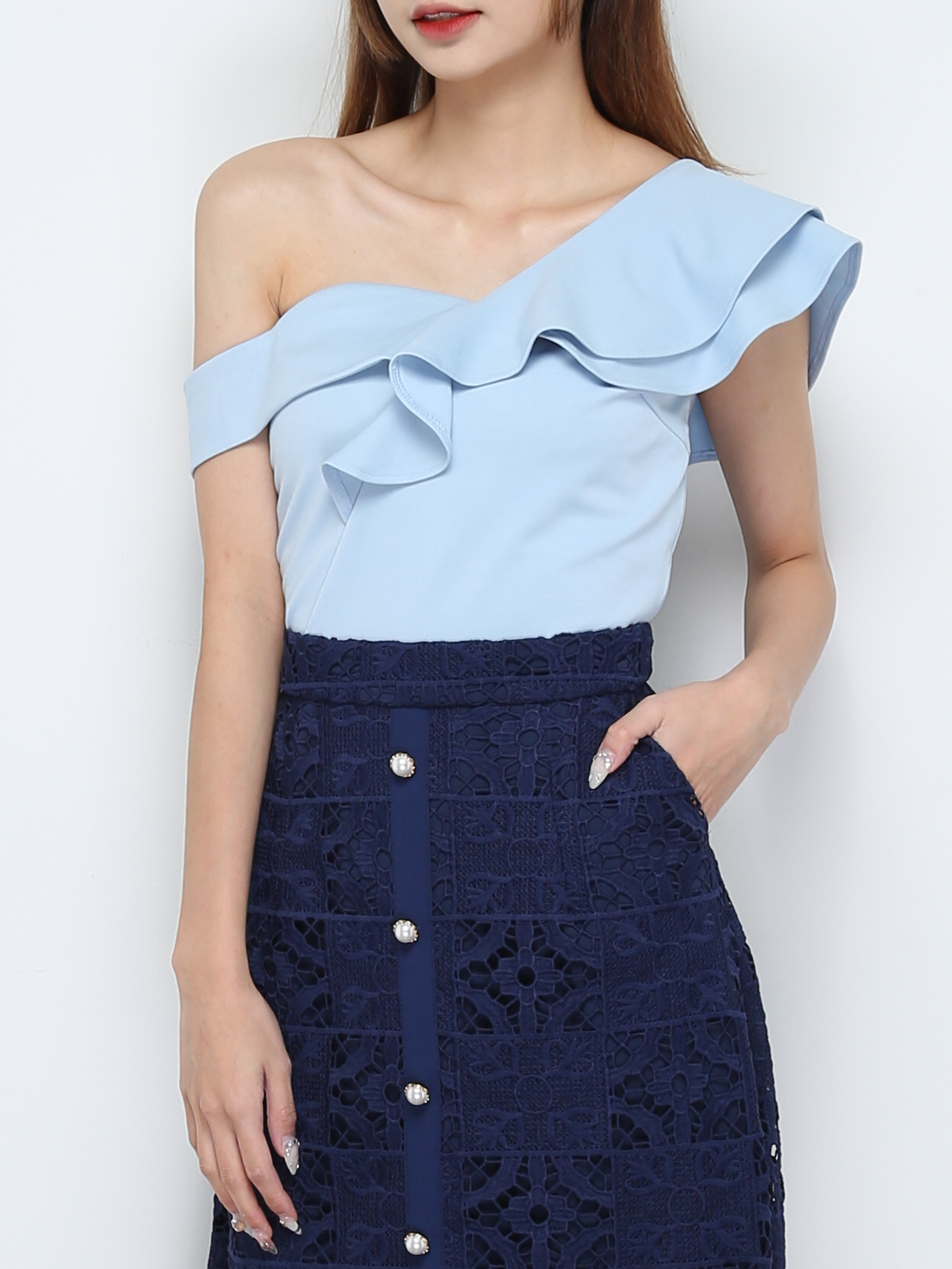 Lace Eyelet Front Decorative Button Skirt 28280