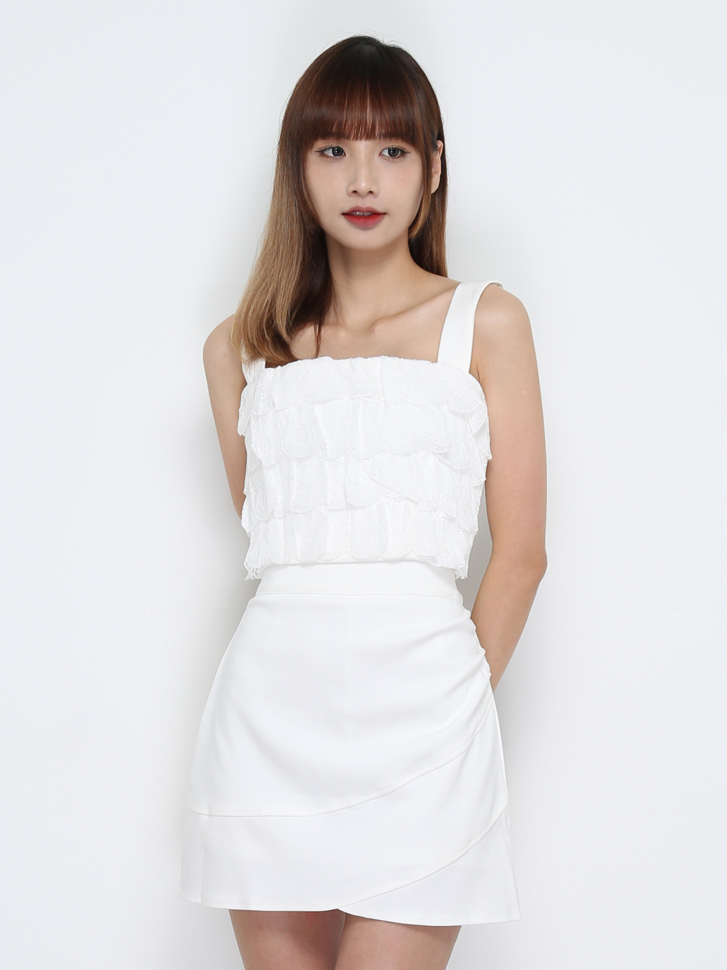 Eyelet Layered Sleeveless Top With Skirt pants Set 28470
