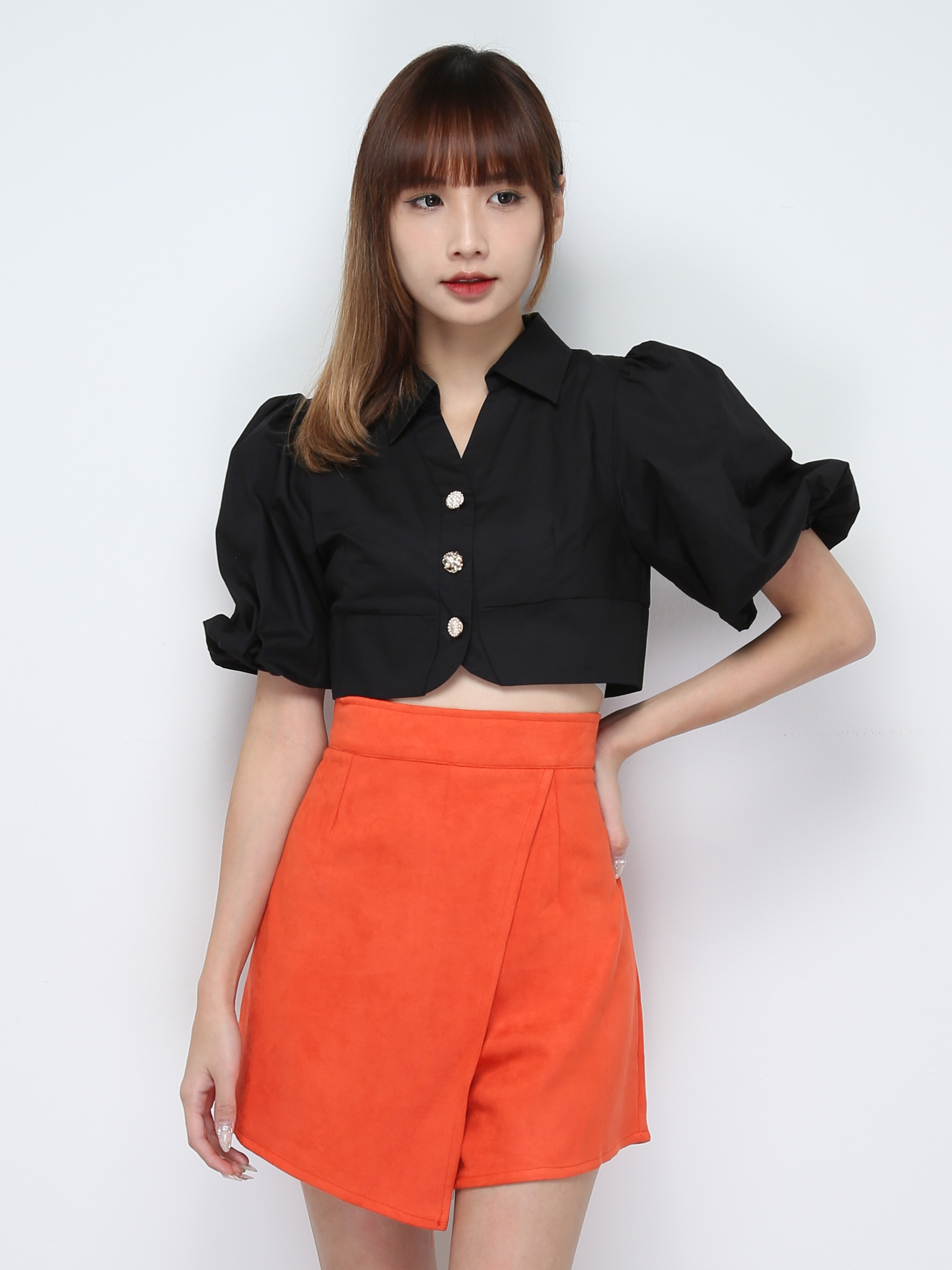 Puff Sleeve Front Button Crop Top 28559