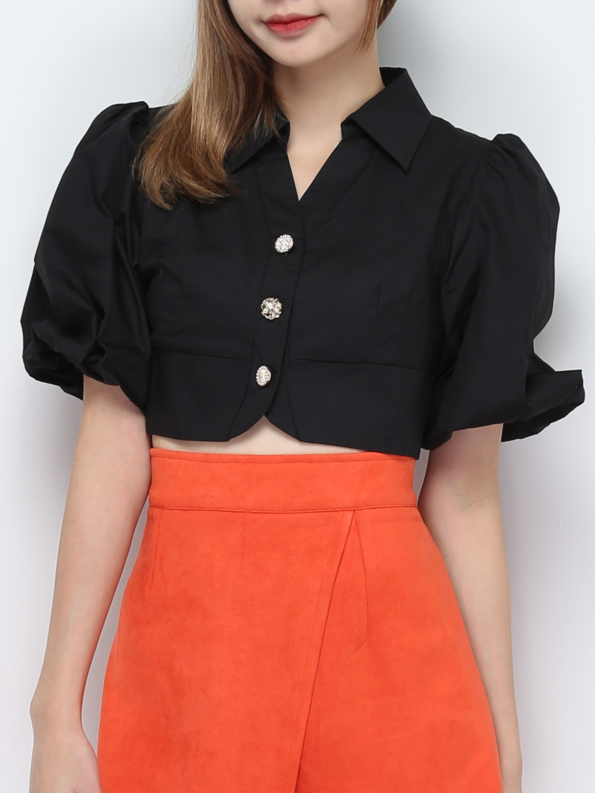 Puff Sleeve Front Button Crop Top 28559