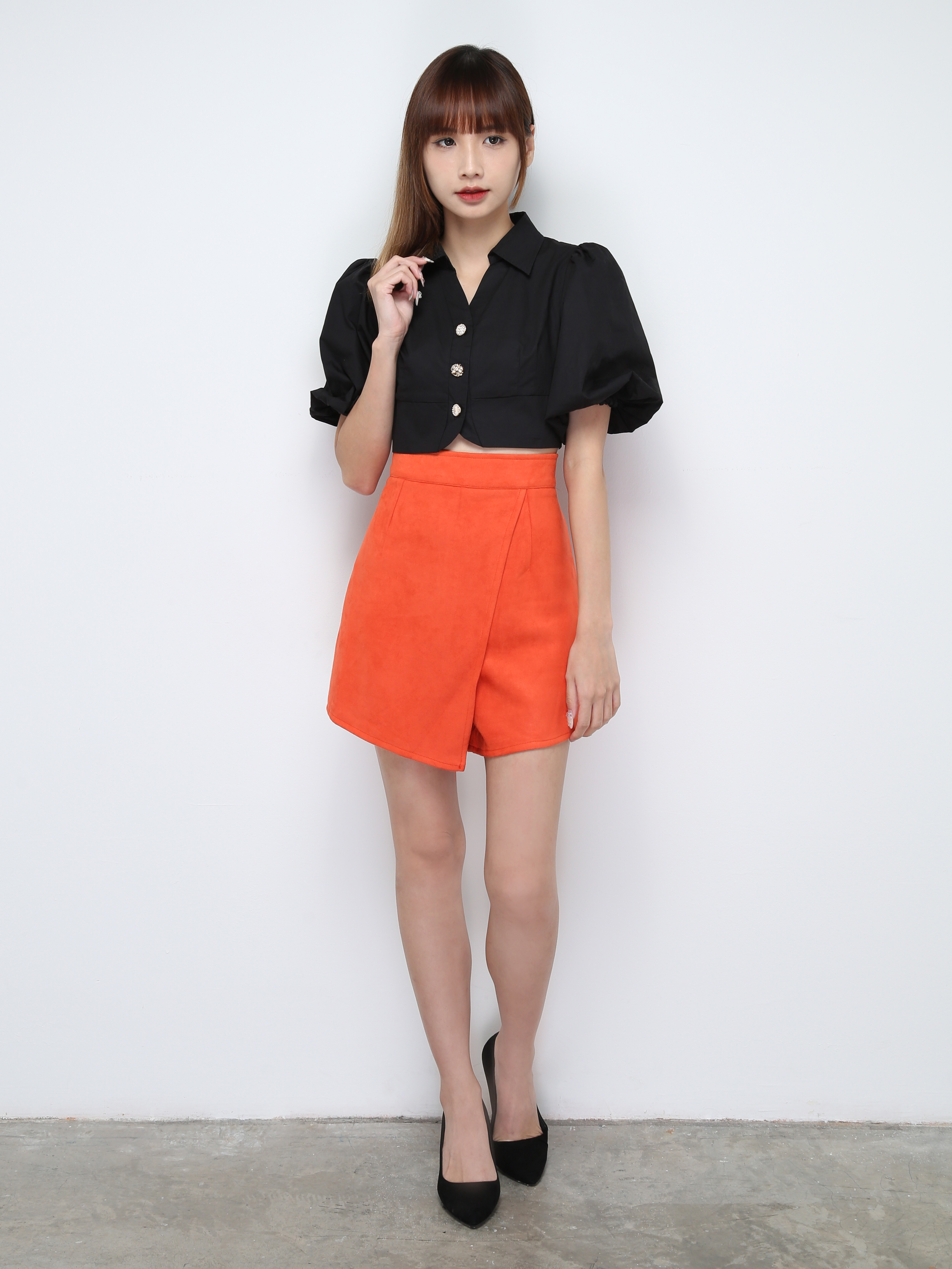 Puff Sleeve Front Button Crop Top 28559