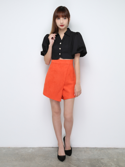 Puff Sleeve Front Button Crop Top 28559