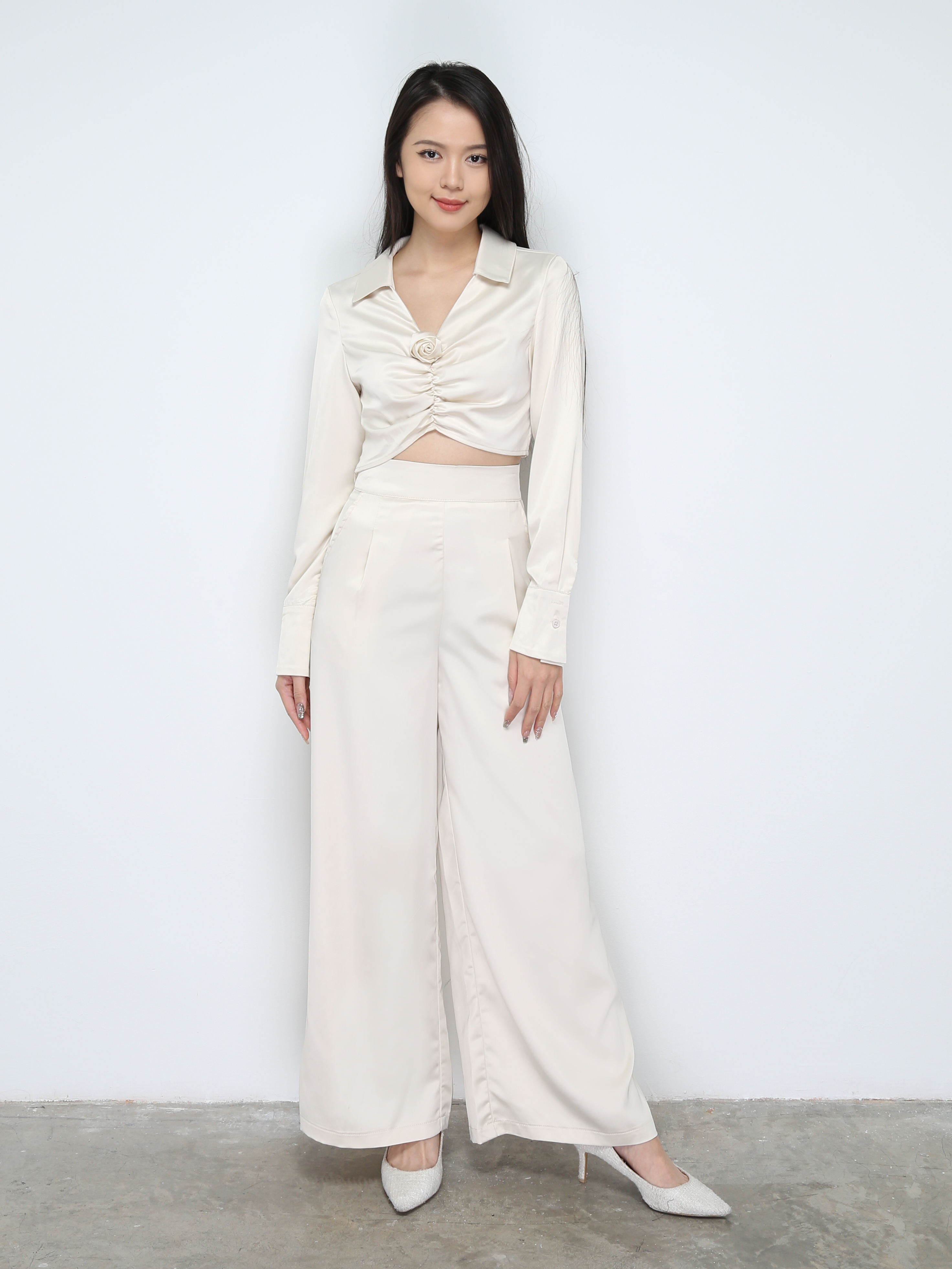 Satin Collar Long Sleeve Top With Long pants Set 28668