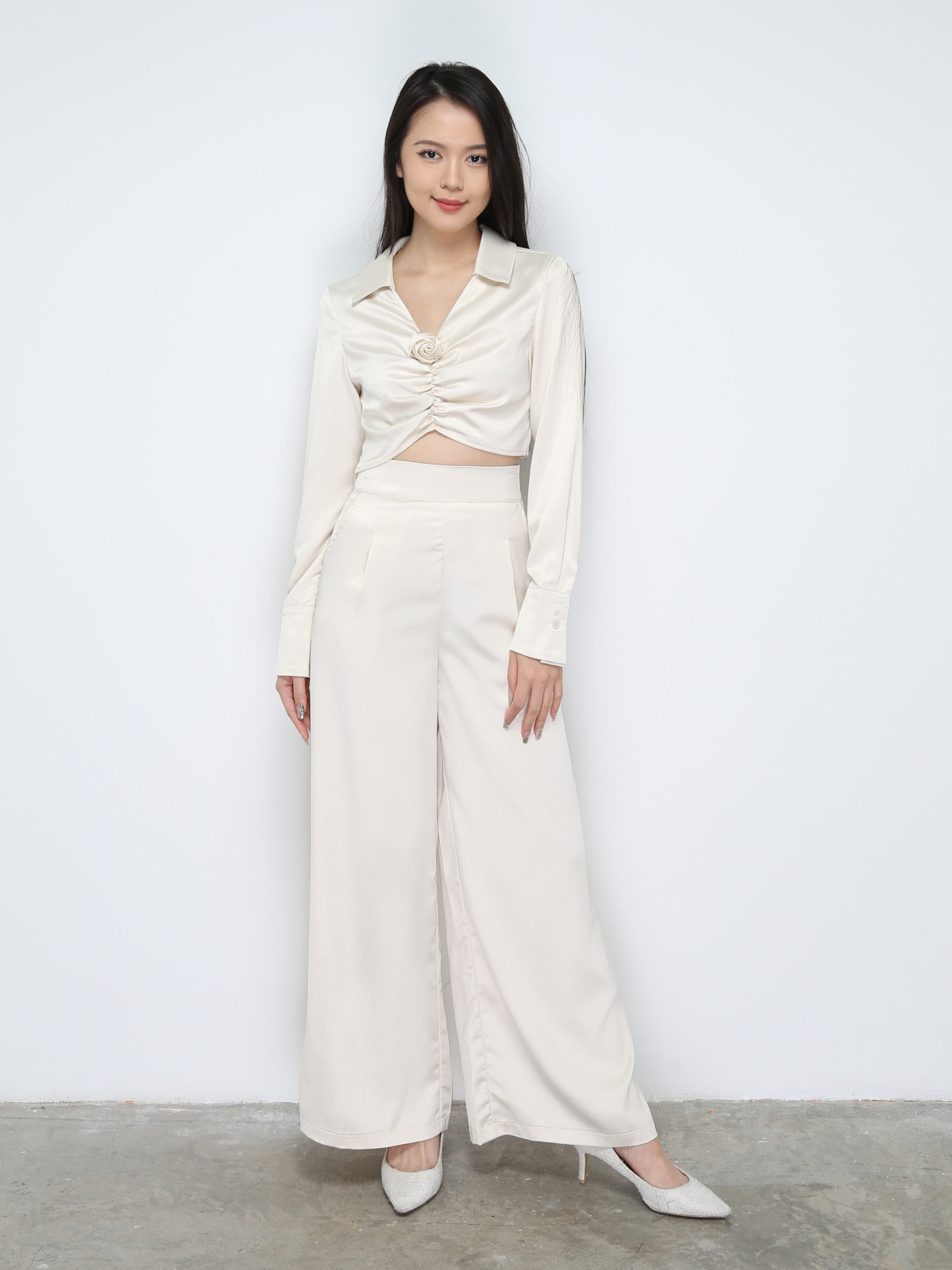 Satin Collar Long Sleeve Top With Long pants Set 28668