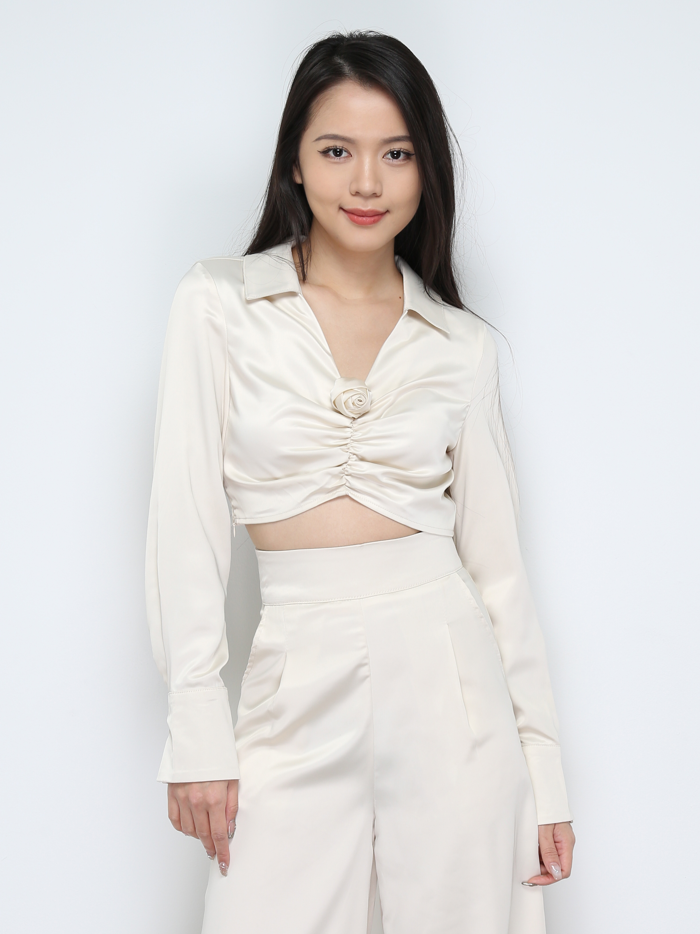 Satin Collar Long Sleeve Top With Long pants Set 28668