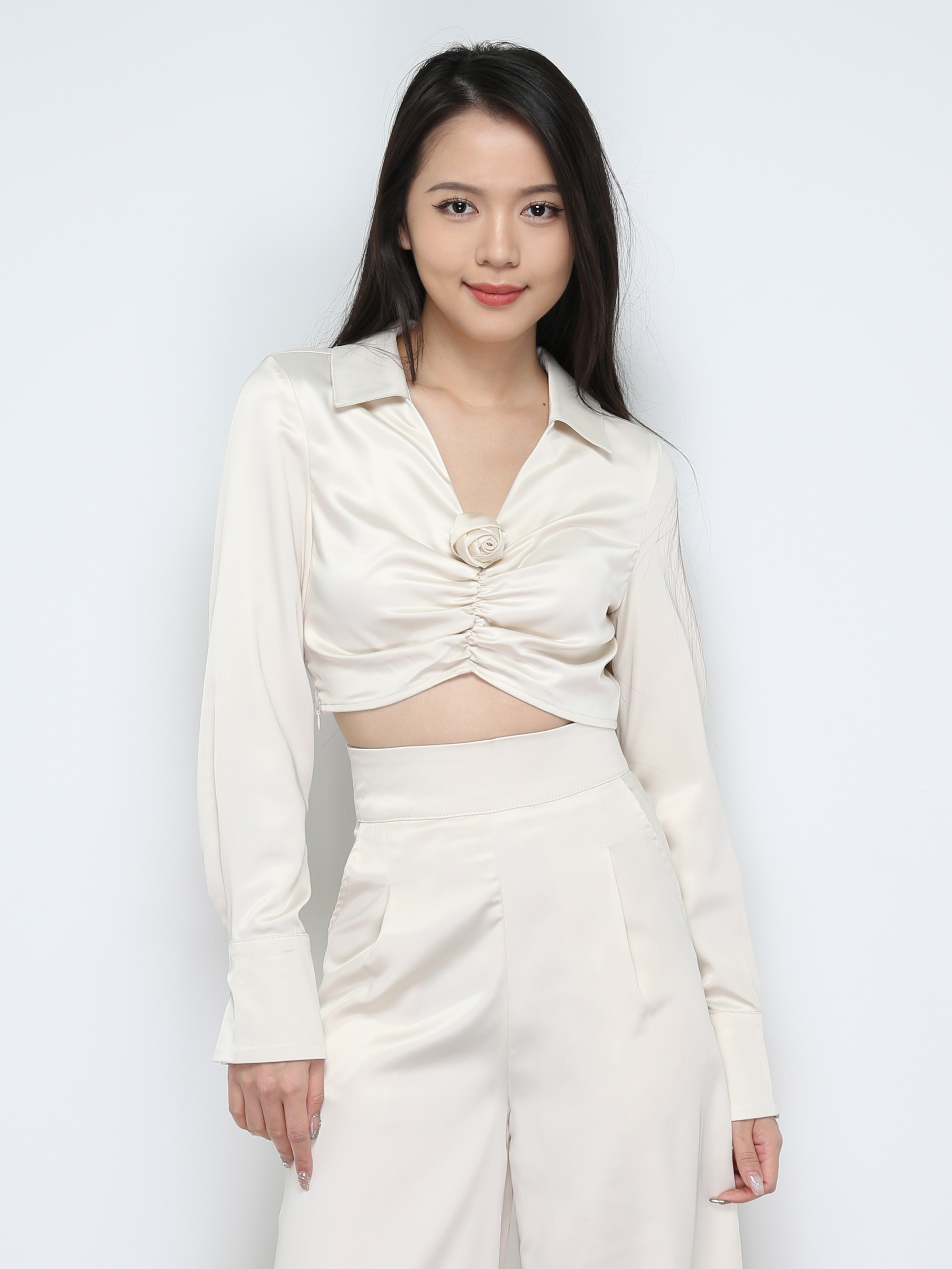 Satin Collar Long Sleeve Top With Long pants Set 28668