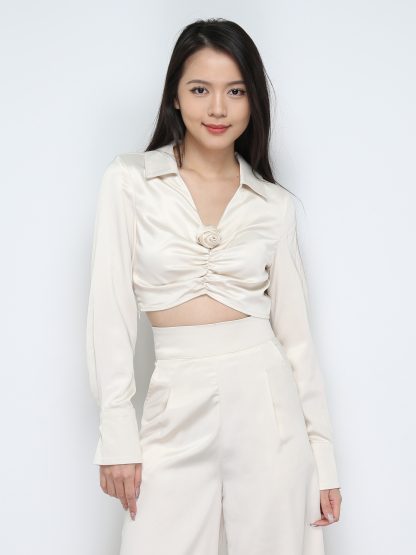 Satin Collar Long Sleeve Top With Long pants Set 28668