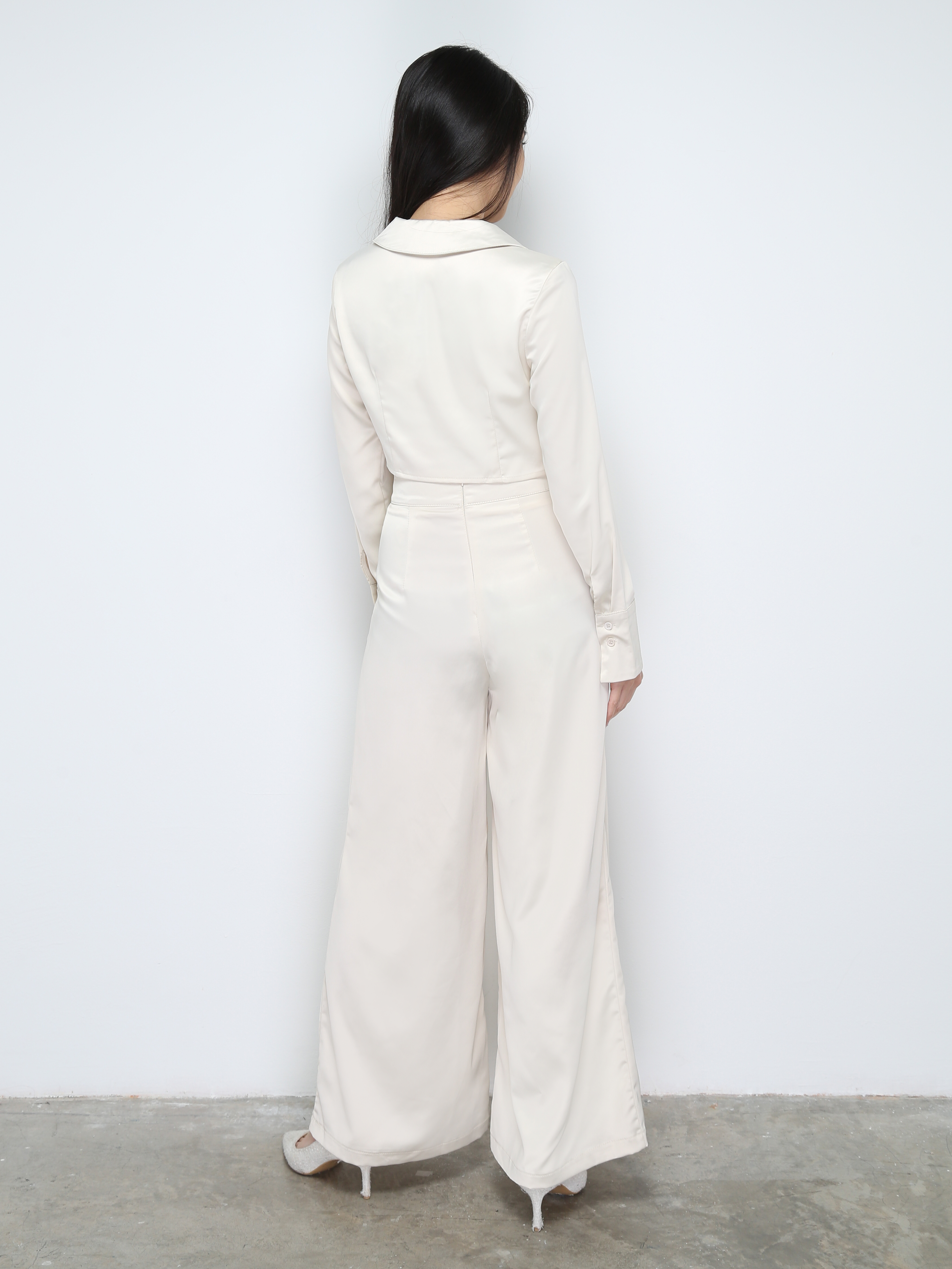 Satin Collar Long Sleeve Top With Long pants Set 28668