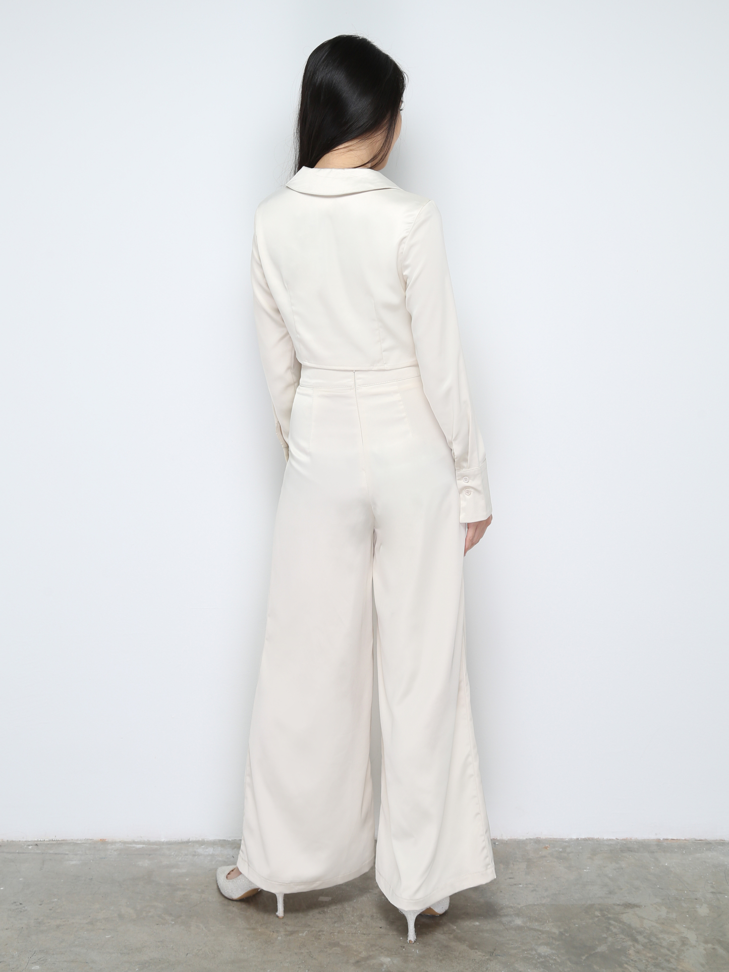 Satin Collar Long Sleeve Top With Long pants Set 28668