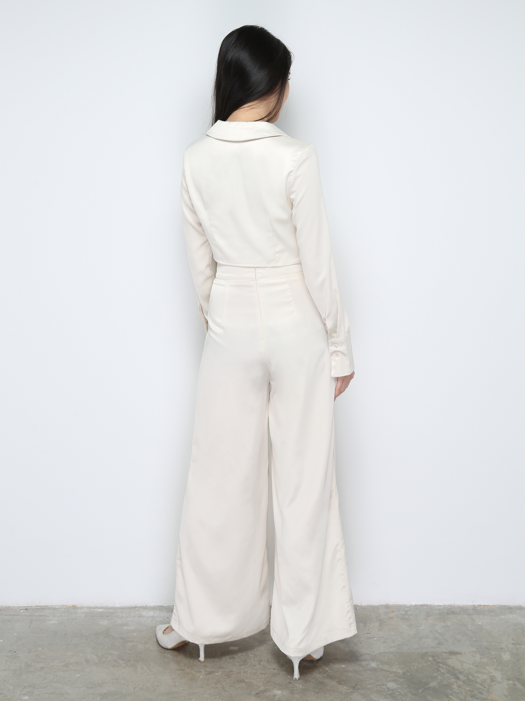 Satin Collar Long Sleeve Top With Long pants Set 28668