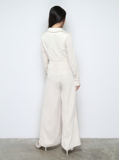 Satin Collar Long Sleeve Top With Long pants Set 28668