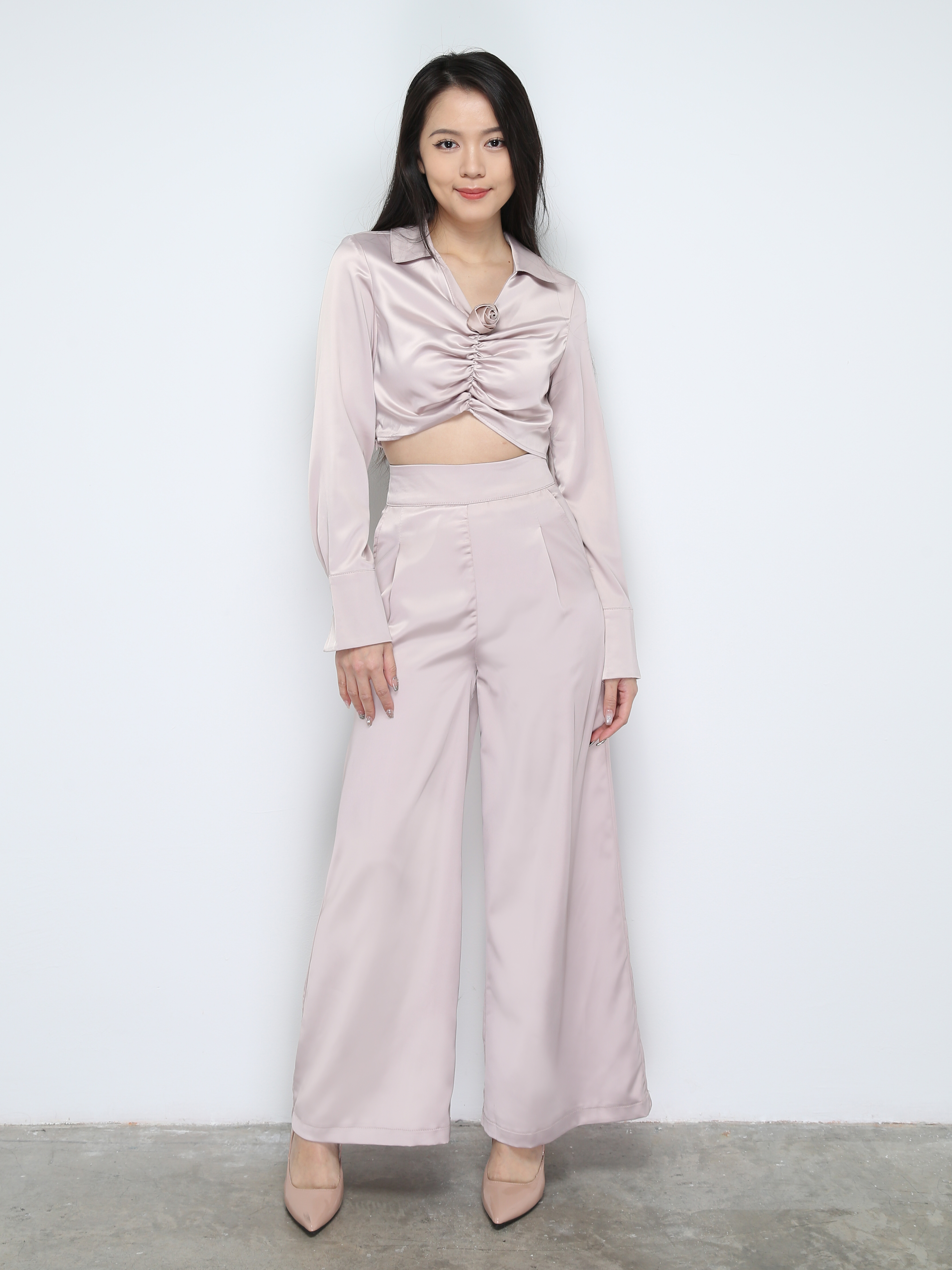 Satin Collar Long Sleeve Top With Long pants Set 28668