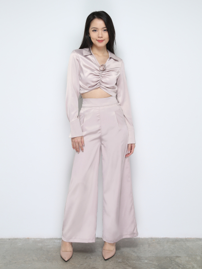 Satin Collar Long Sleeve Top With Long pants Set 28668