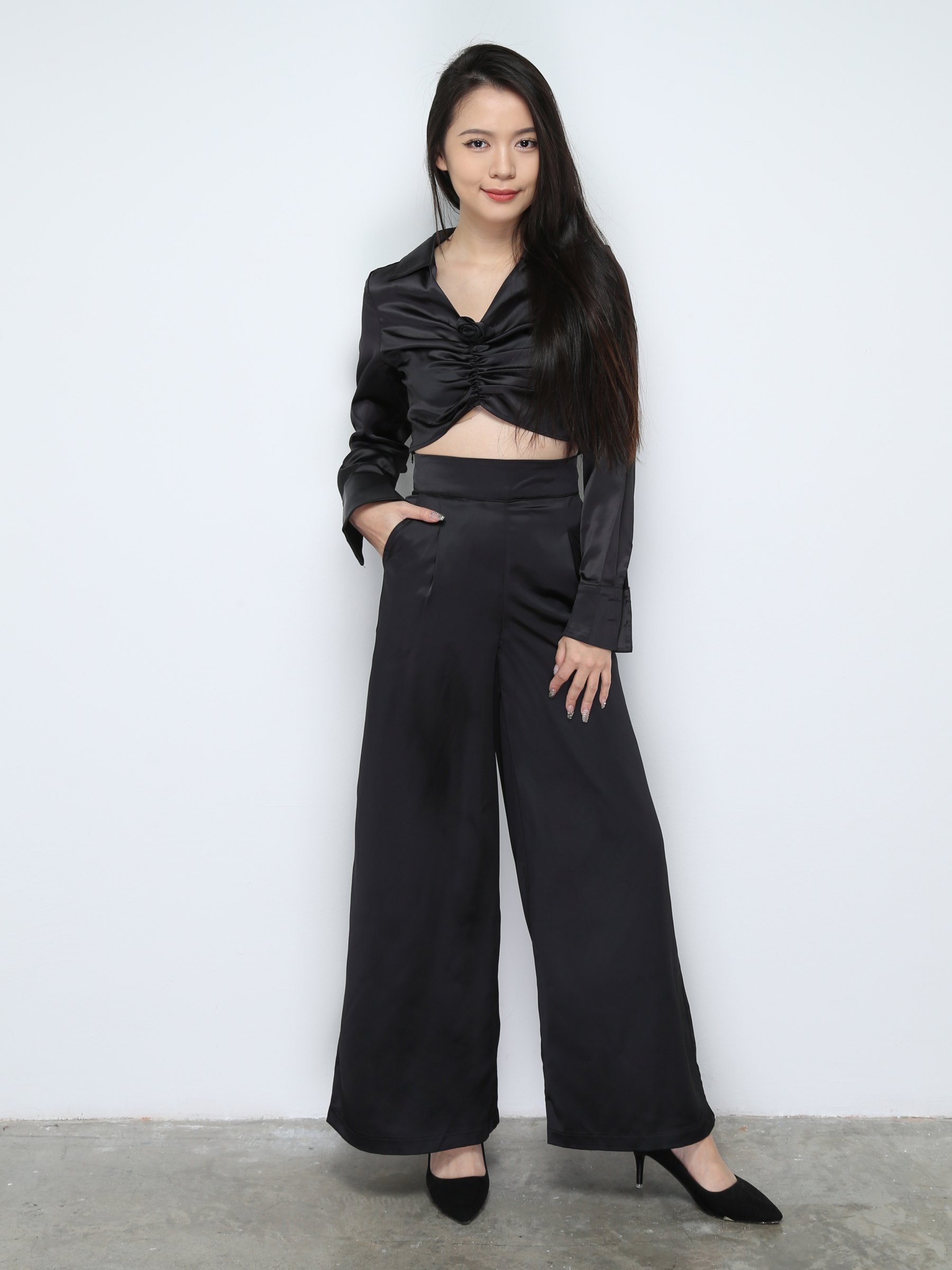Satin Collar Long Sleeve Top With Long pants Set 28668