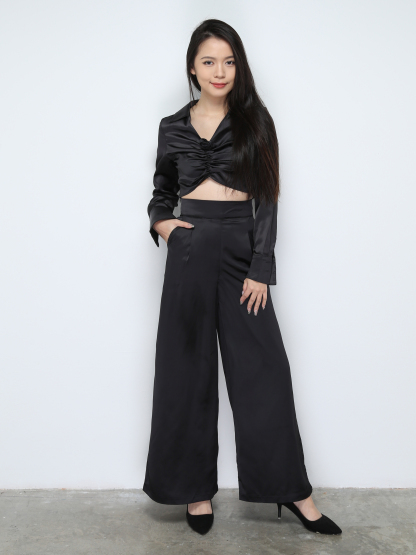 Satin Collar Long Sleeve Top With Long pants Set 28668