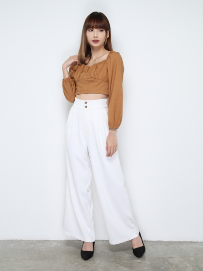 Square Neck Long Sleeve Front Pleated Top 28973