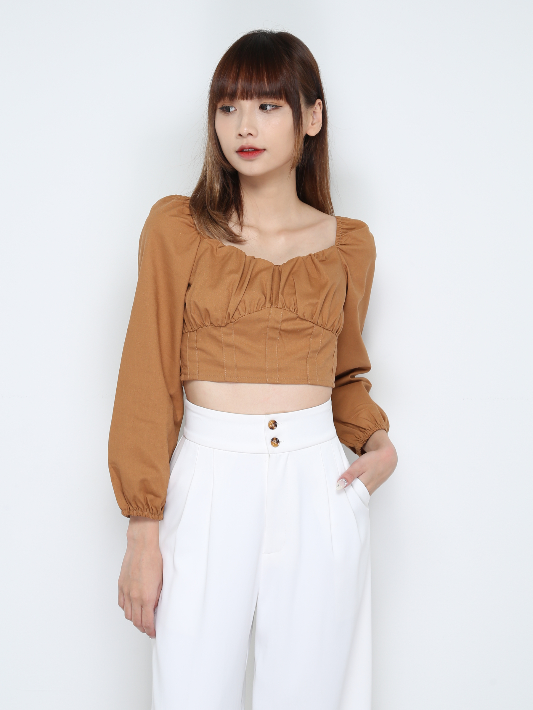 Square Neck Long Sleeve Front Pleated Top 28973