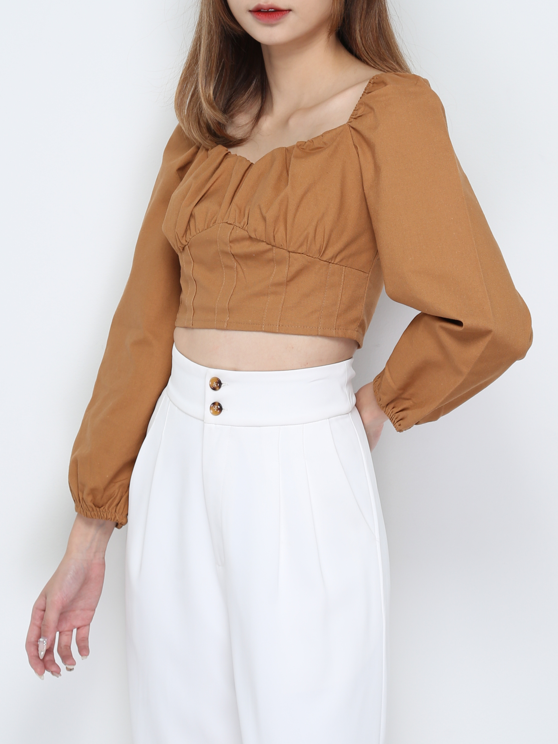 Square Neck Long Sleeve Front Pleated Top 28973