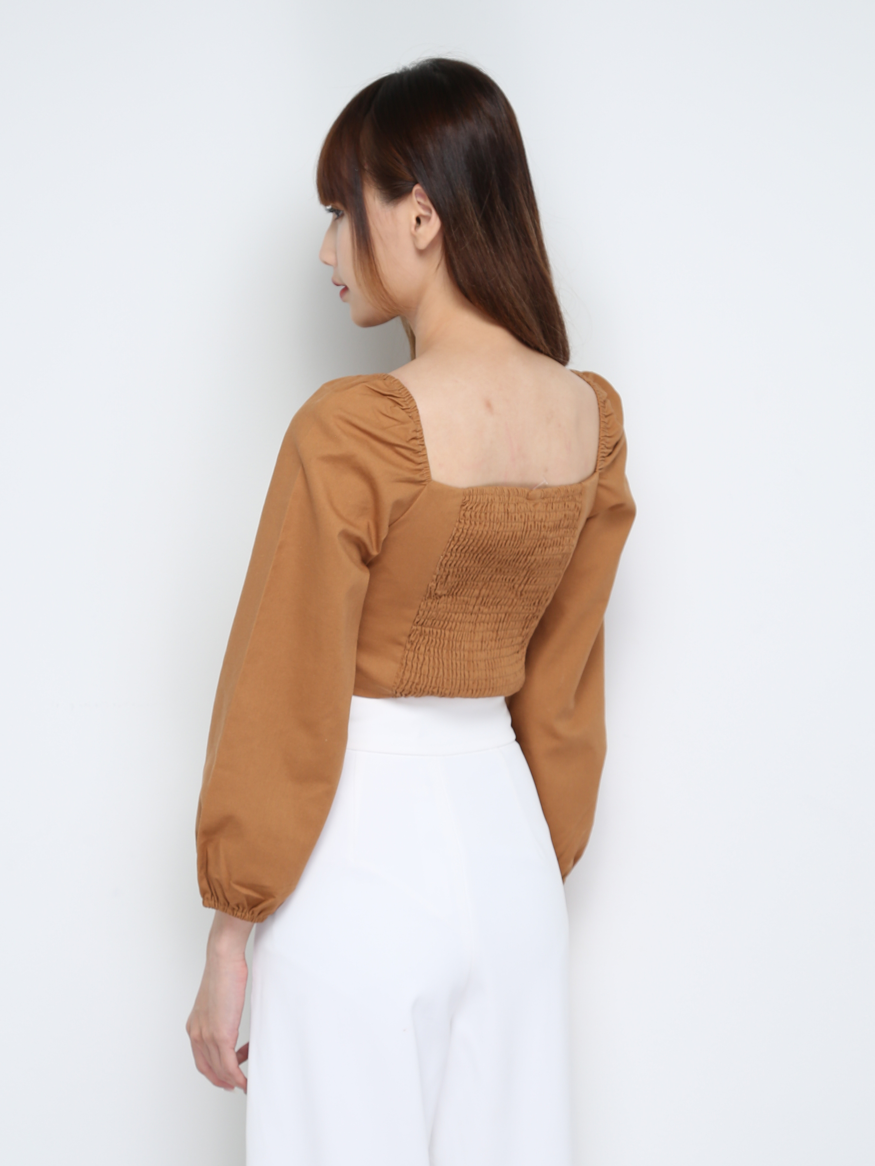 Square Neck Long Sleeve Front Pleated Top 28973