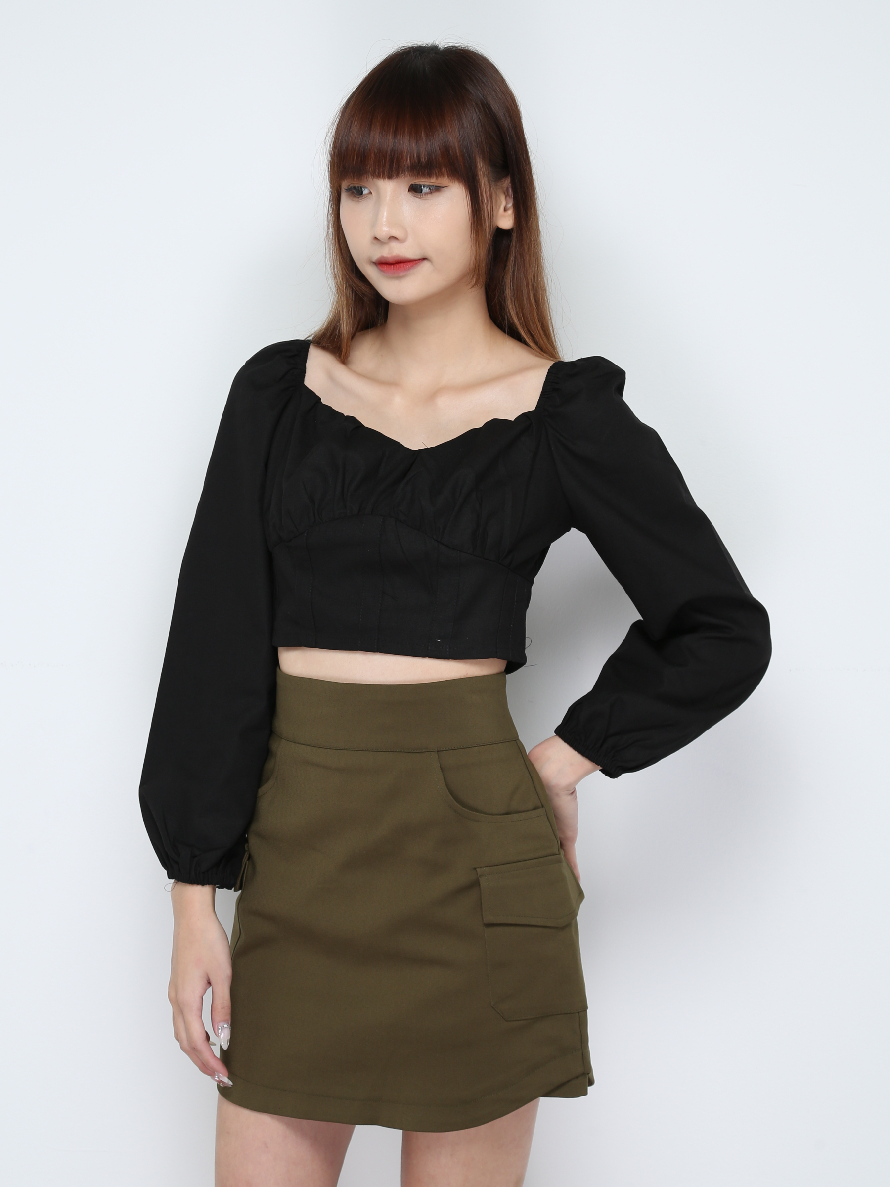 Square Neck Long Sleeve Front Pleated Top 28973