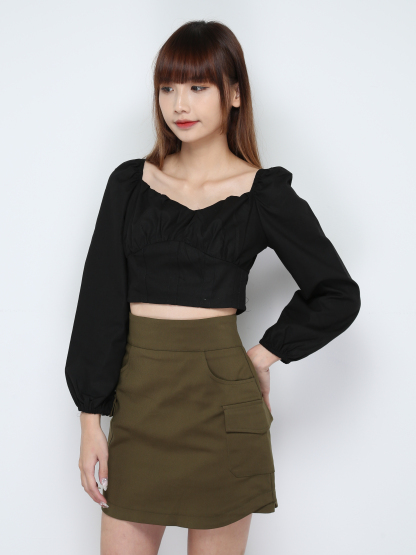 Square Neck Long Sleeve Front Pleated Top 28973