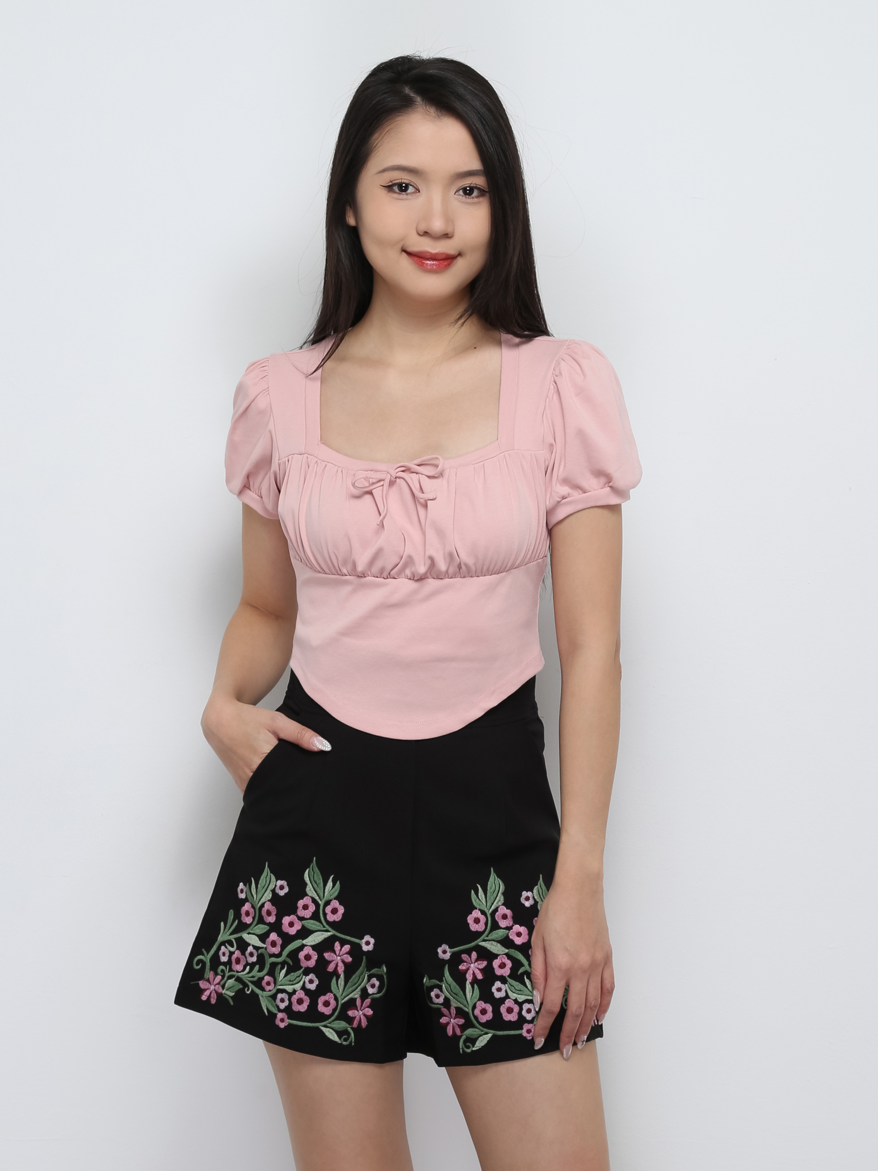 Puff Sleeve Pleated Front Tie Up Top 29006