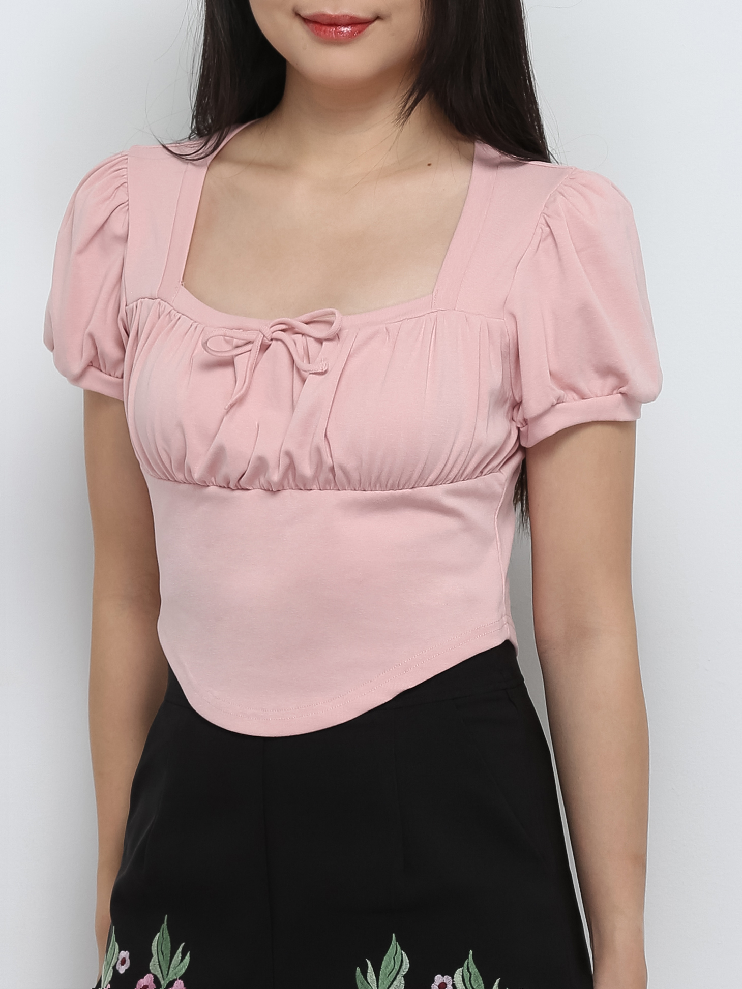 Puff Sleeve Pleated Front Tie Up Top 29006